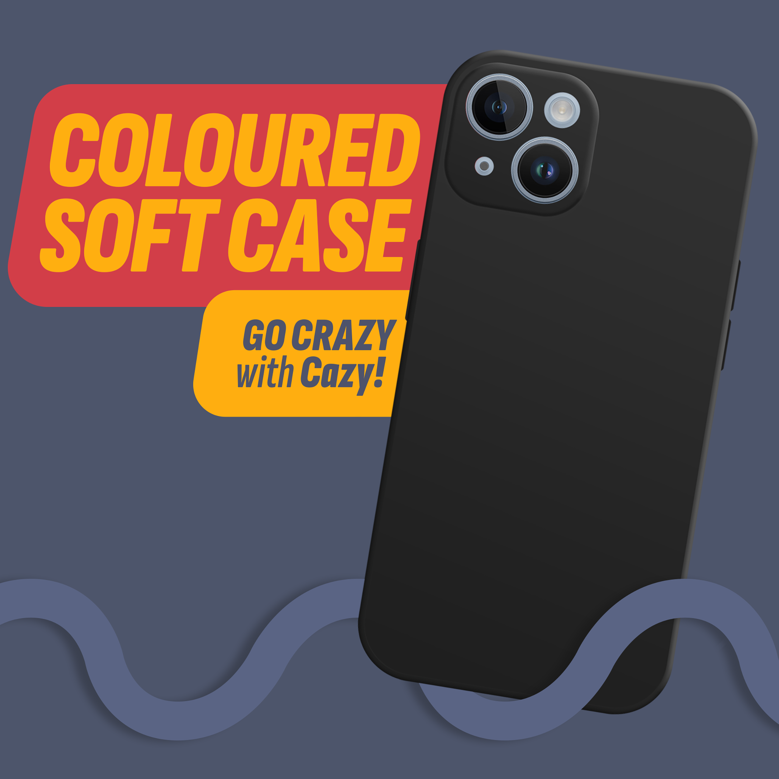 Schwarze Handyhülle mit Telefon, Text sagt 'COLORED SOFT CASE'. Es sagt auch 'GO CRAZY'.