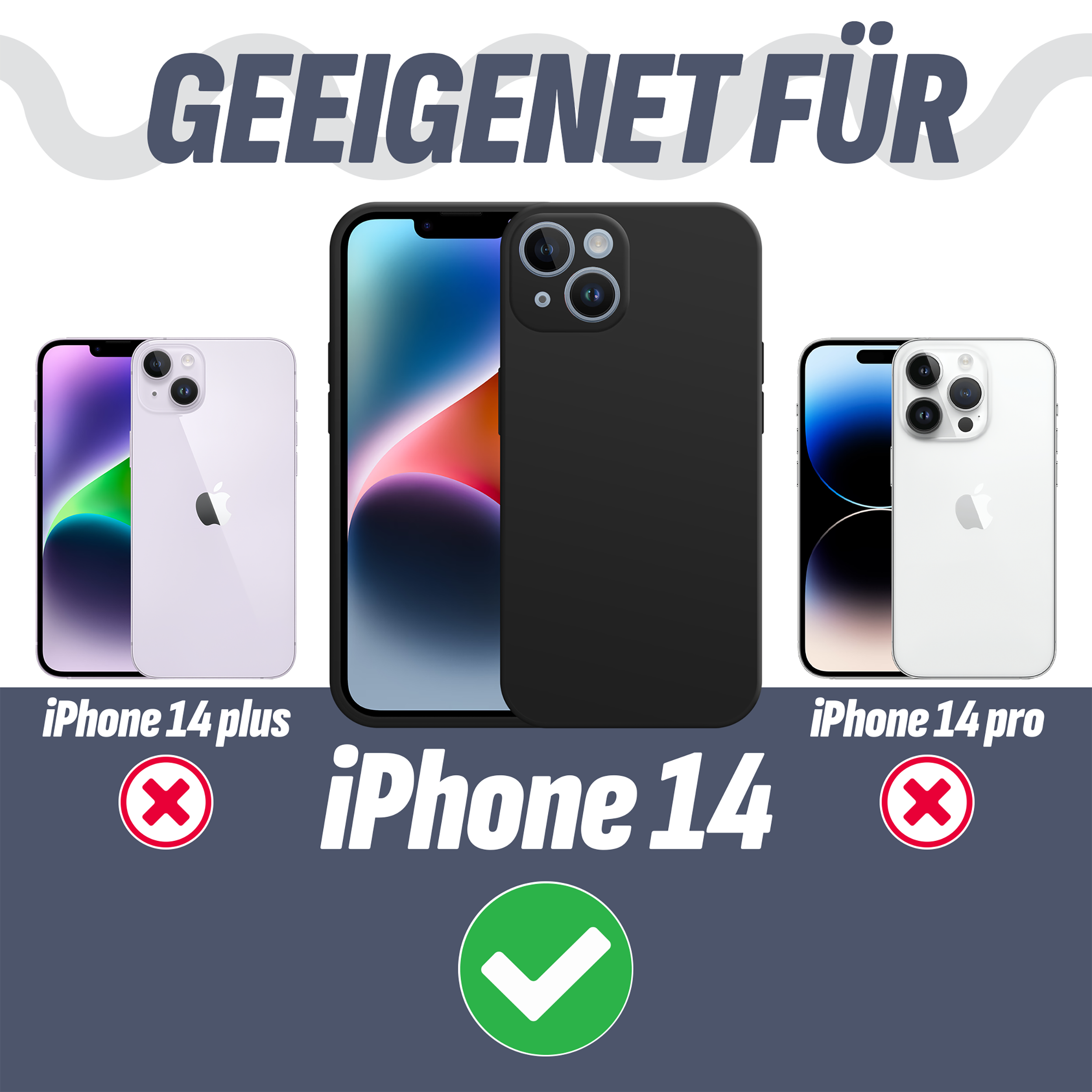 Ein Bild zeigt drei iPhones mit Hüllen. Eines ist schwarz, die anderen weiß und lila. Ein grünes Häkchen ist vorhanden.