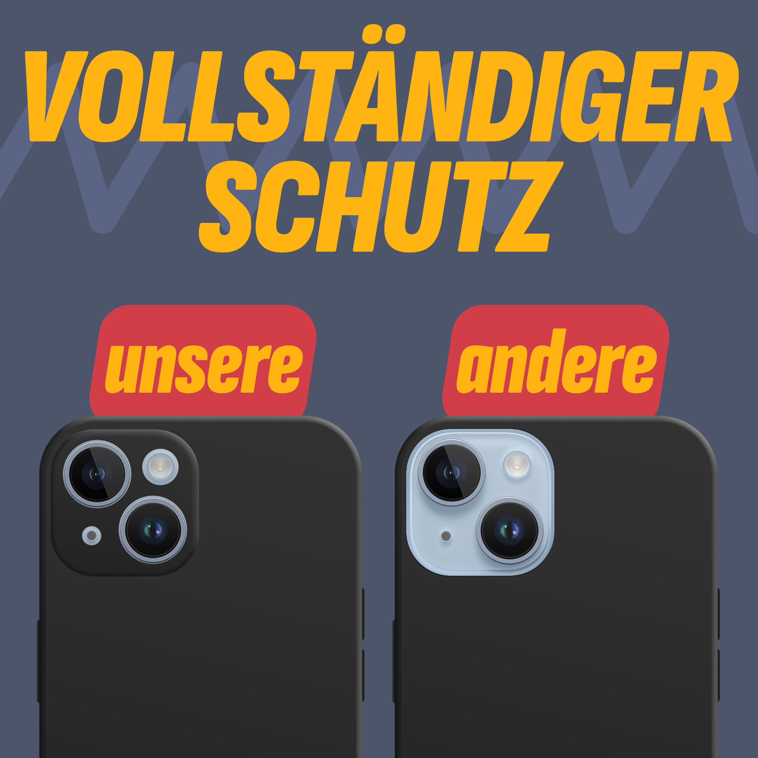 Handyhüllen, schwarze und rote Etiketten. Text: Vollständiger Schutz, unsere, andere. Zwei Telefonrückseiten nebeneinander.