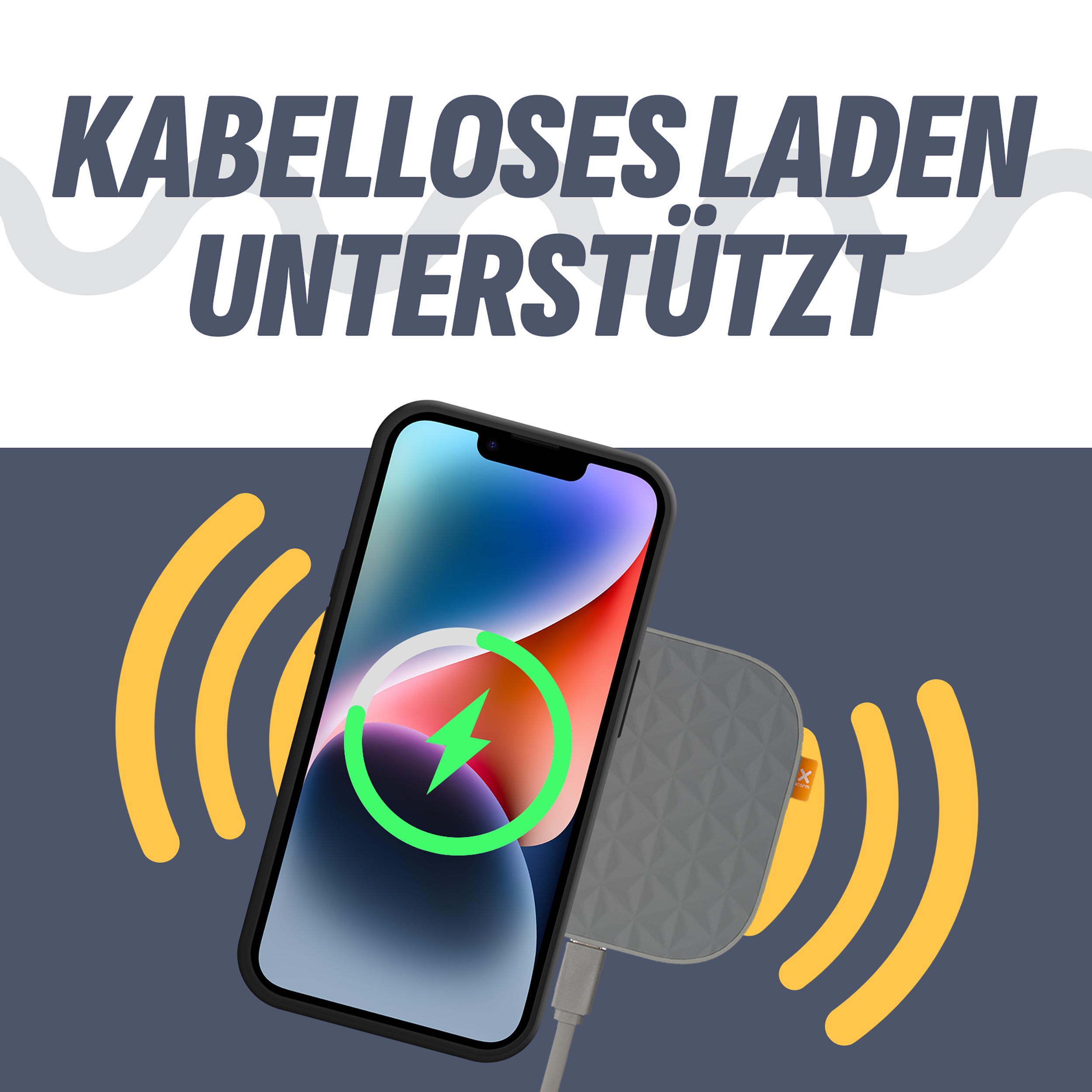 Telefon auf kabellosem Ladegerät, Ladesymbol. Text: Kabelloses Laden unterstützt.