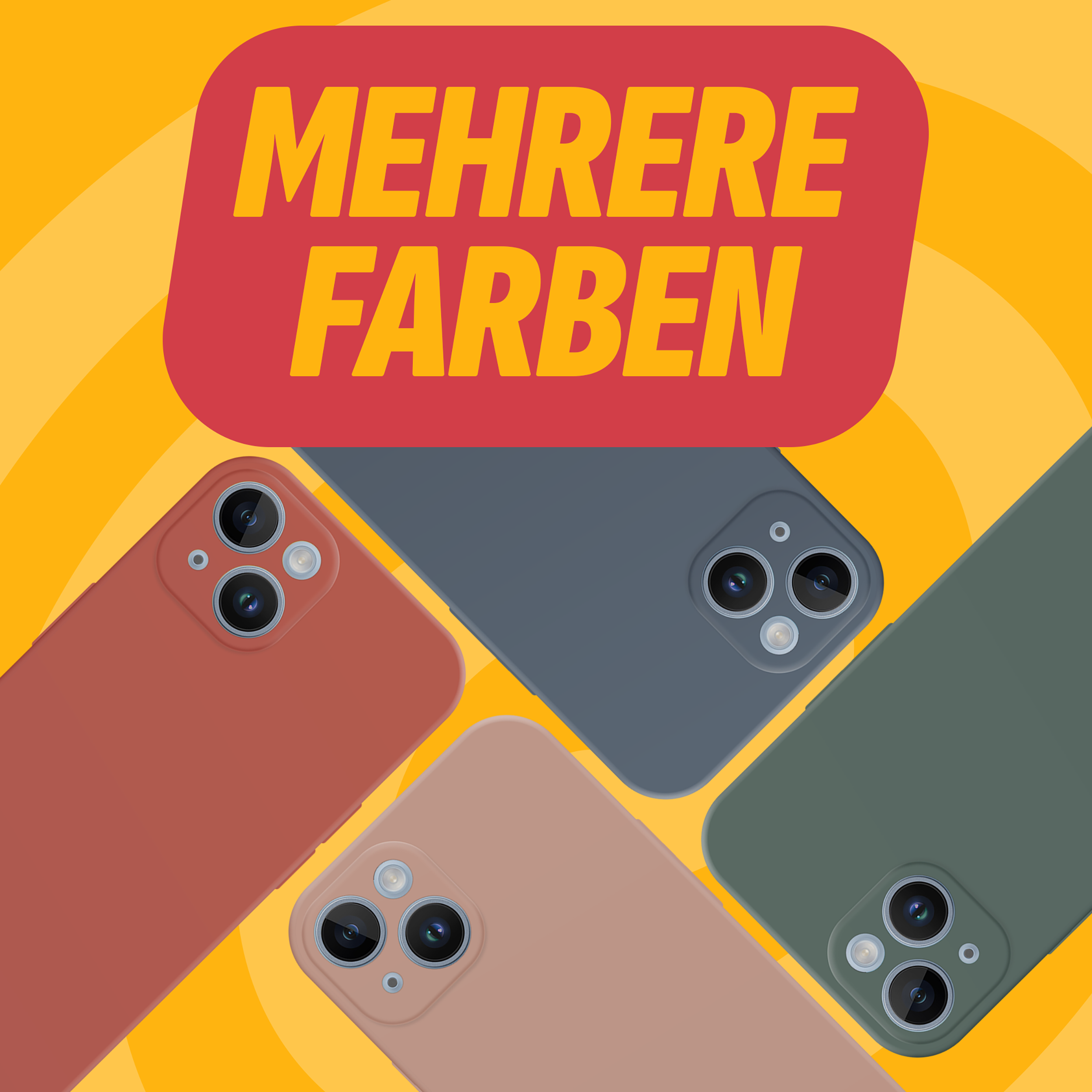 Vier Handyhüllen in verschiedenen Farben mit einer Textblase mit der Aufschrift 'MEHRERE FARBEN'.