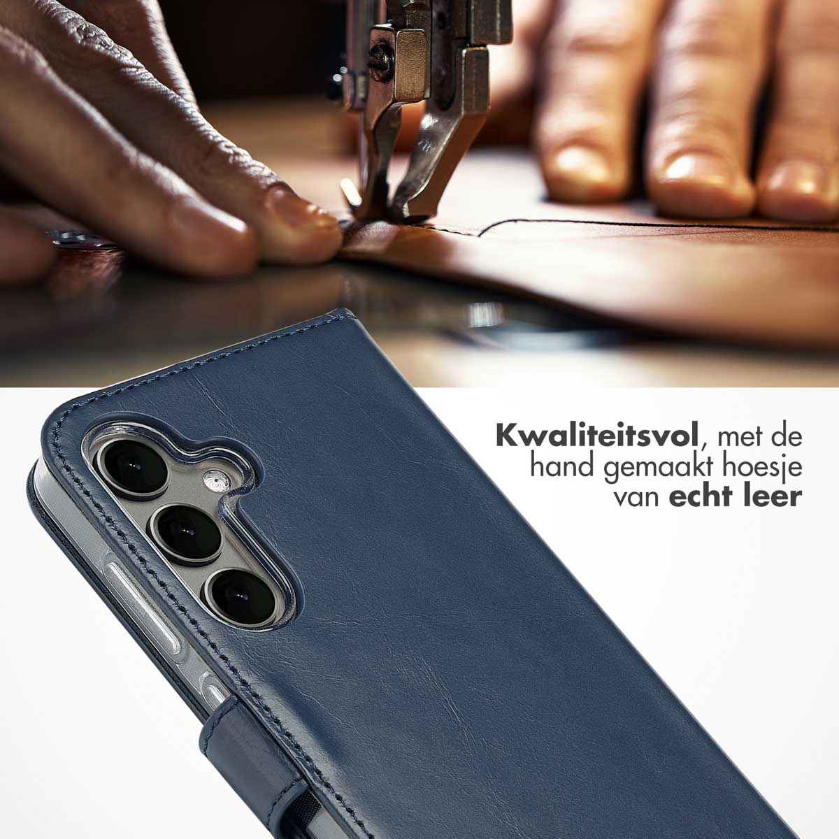 Close-up toont een telefoonhoes, naald en leer die worden genaaid. Tekst: 'Handgemaakt van echt leer'.