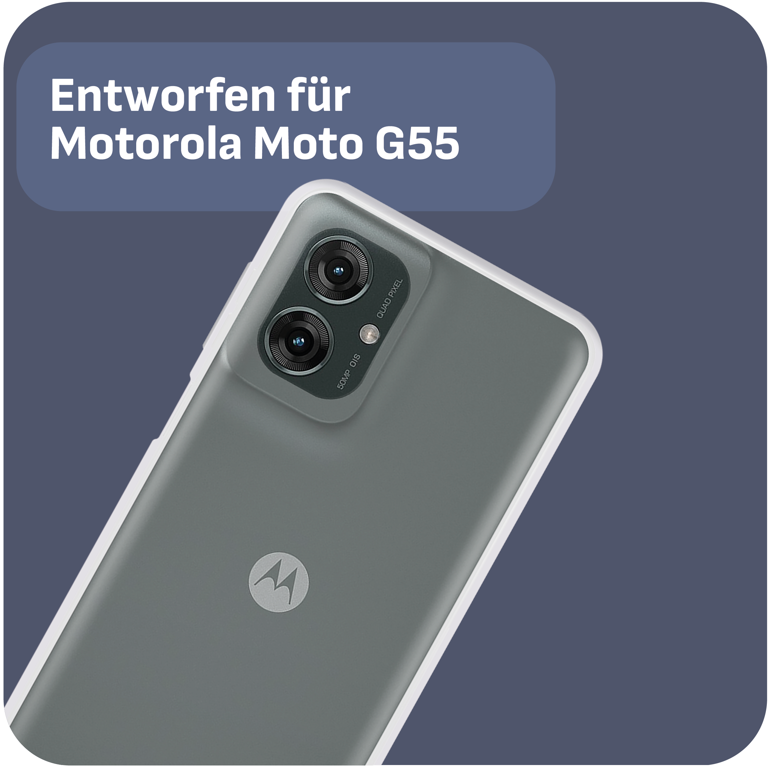 Graue Telefonrückseite mit Doppel-Kameras. Text: Entworfen für Motorola Moto G55.