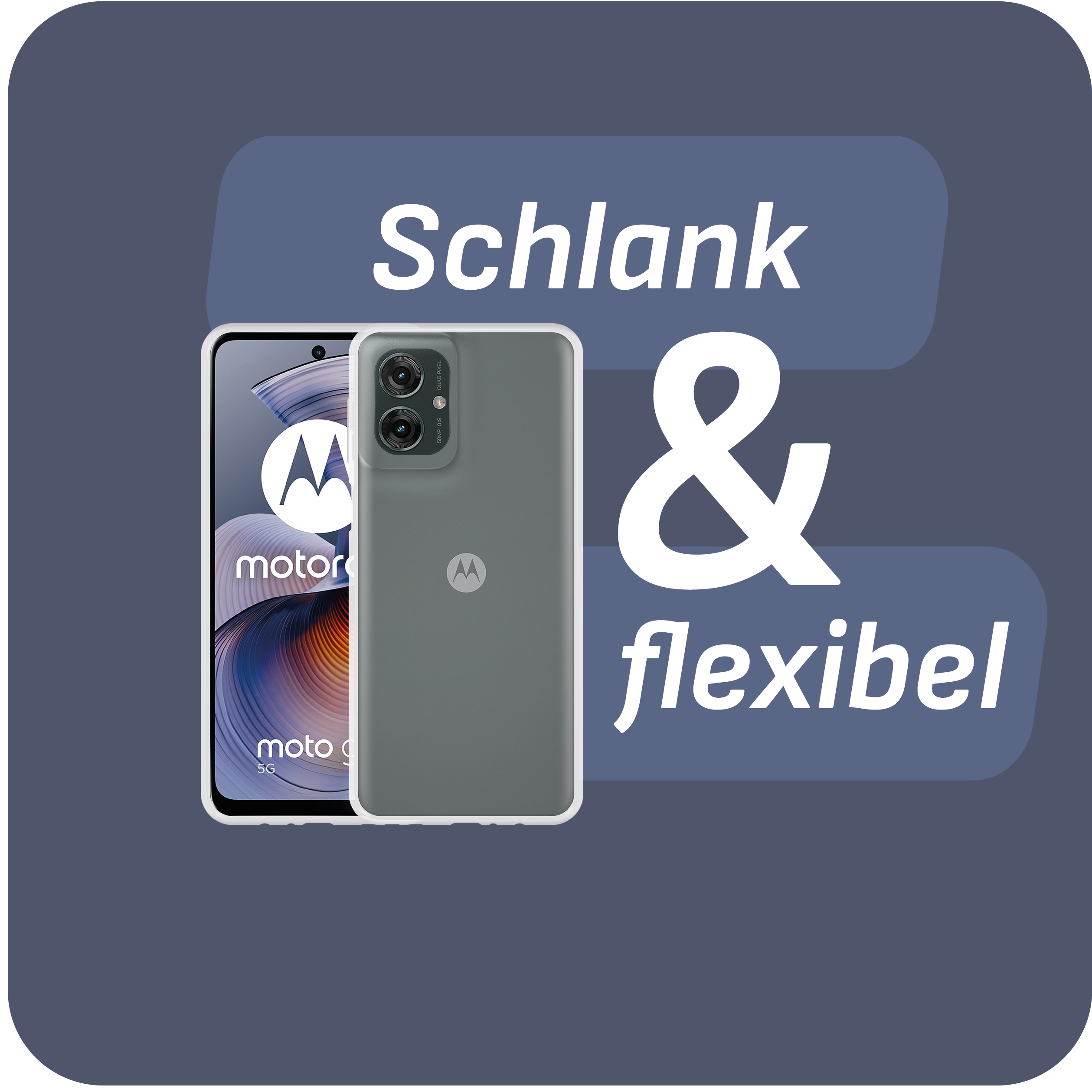 Ein Telefon und eine Hülle mit deutschem Text auf blauem Grund.
