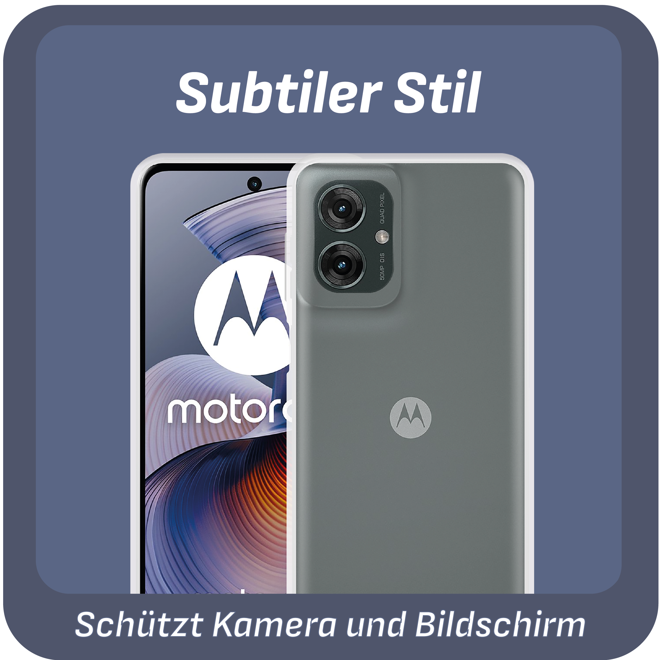Motorola-Telefon, graue Rückseite. Text: Subtiler Stil. Schützt Kamera und Bildschirm.