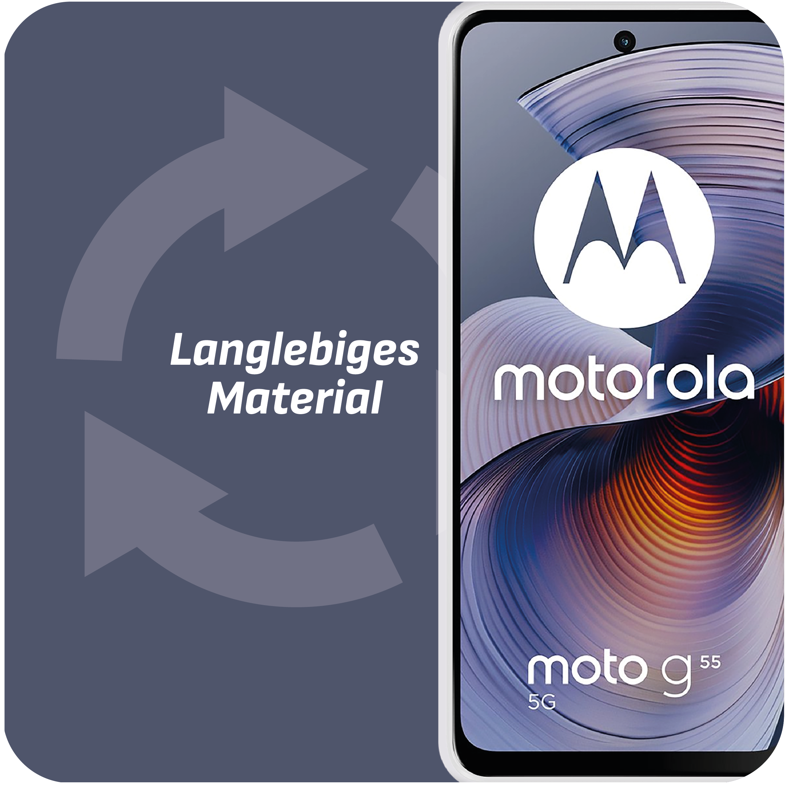 Telefondisplay mit geometrischem Design, Recycling-Symbol und Text: Langlebiges Material.