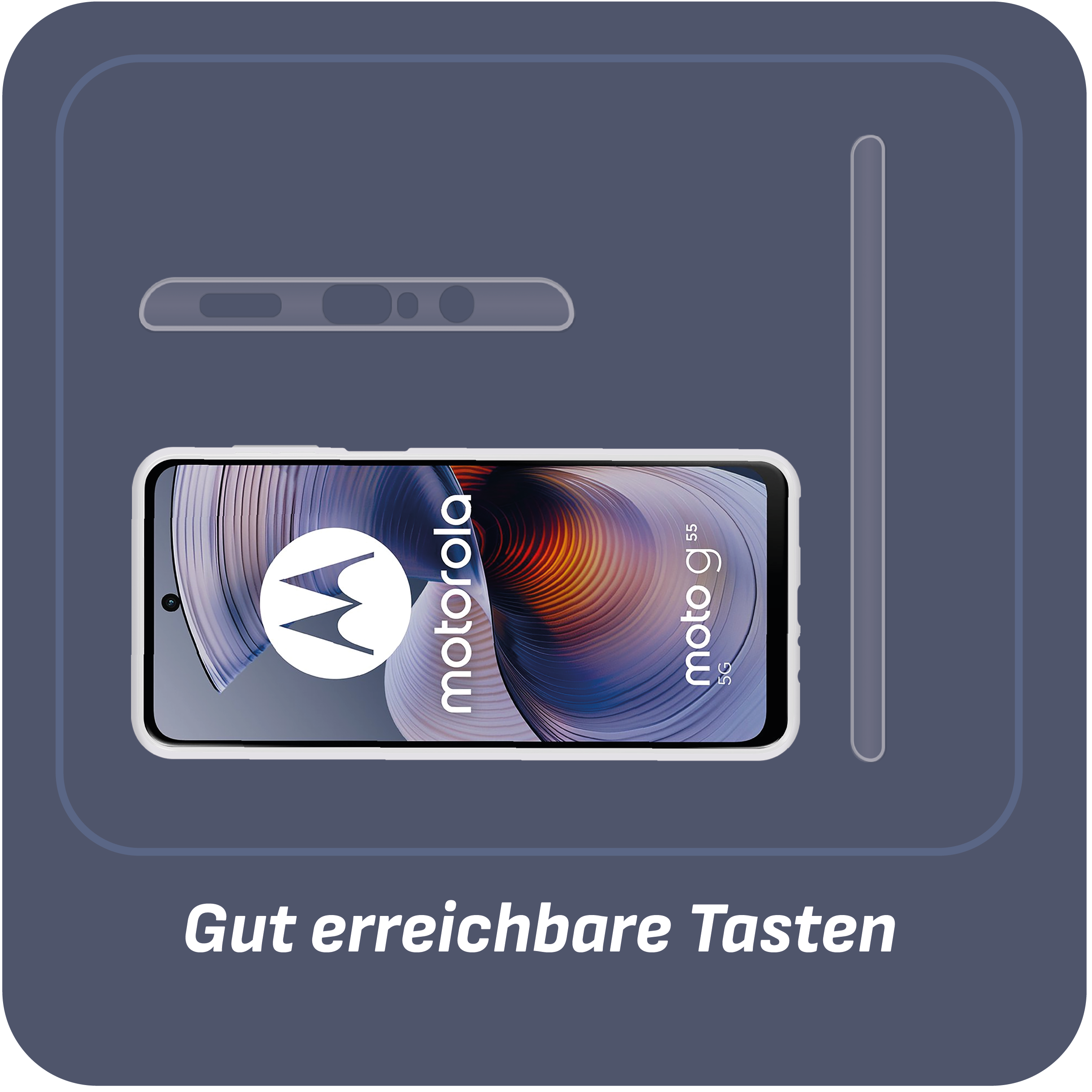 Motorola Moto G55 Telefon in weißem Gehäuse, klarer Displayschutz, grauer Rahmen.