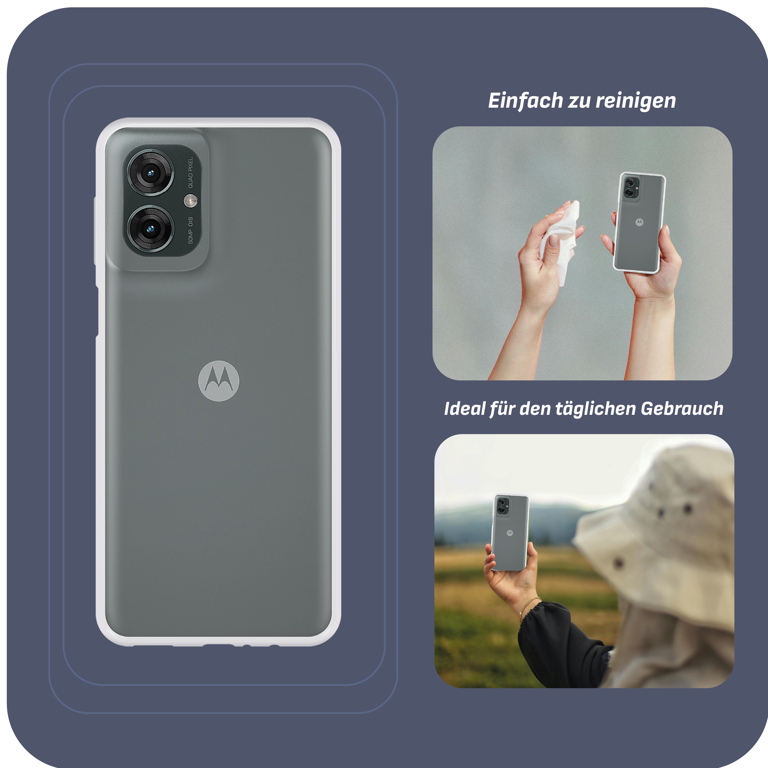Smartphone in grauer Hülle, beim Reinigen und im Freien gezeigt, mit Text.