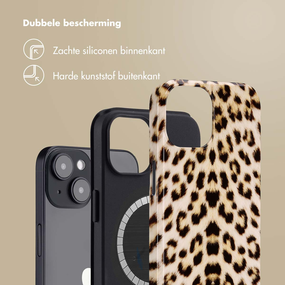 Telefoonhoesjes: luipaardprint, zwart en palmbomen ontwerp. Tekst in het Nederlands: dubbele bescherming. Achtergrond: beige.