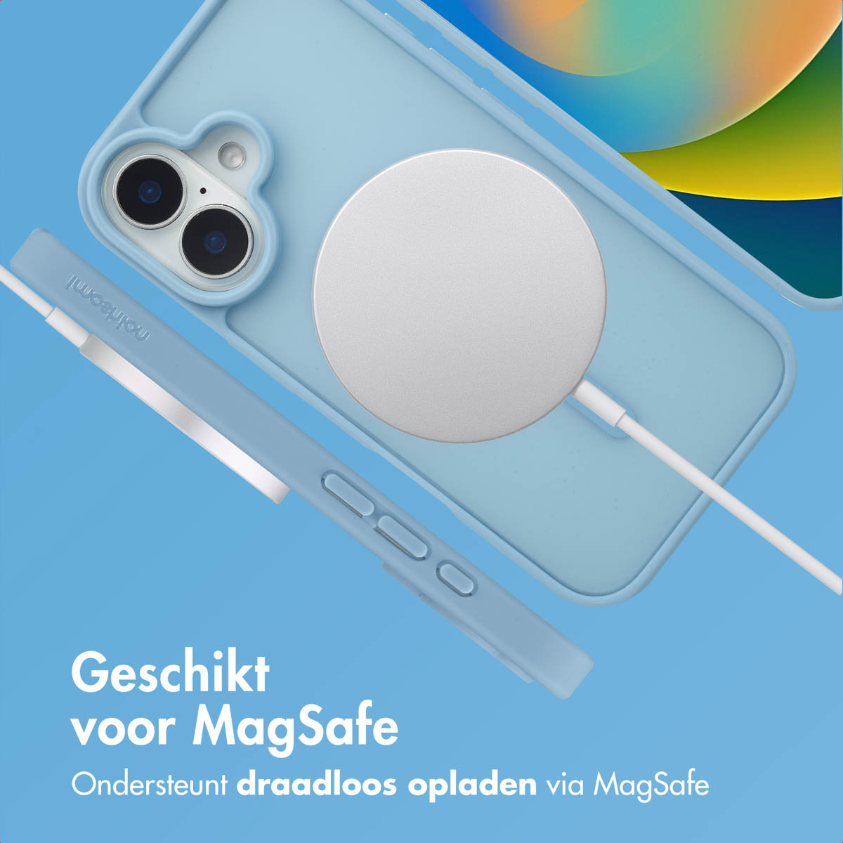 Une coque de téléphone bleu clair avec un chargeur MagSafe attaché. Le texte dit 'Convient pour MagSafe'.