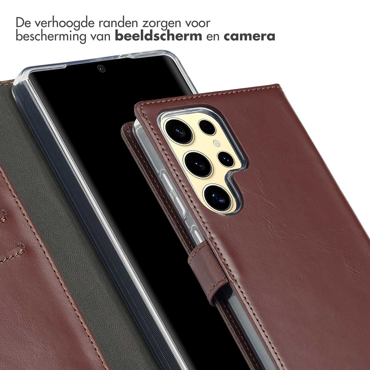 Un étui de téléphone en cuir marron avec un téléphone à l'intérieur, l'écran et la caméra sont visibles.