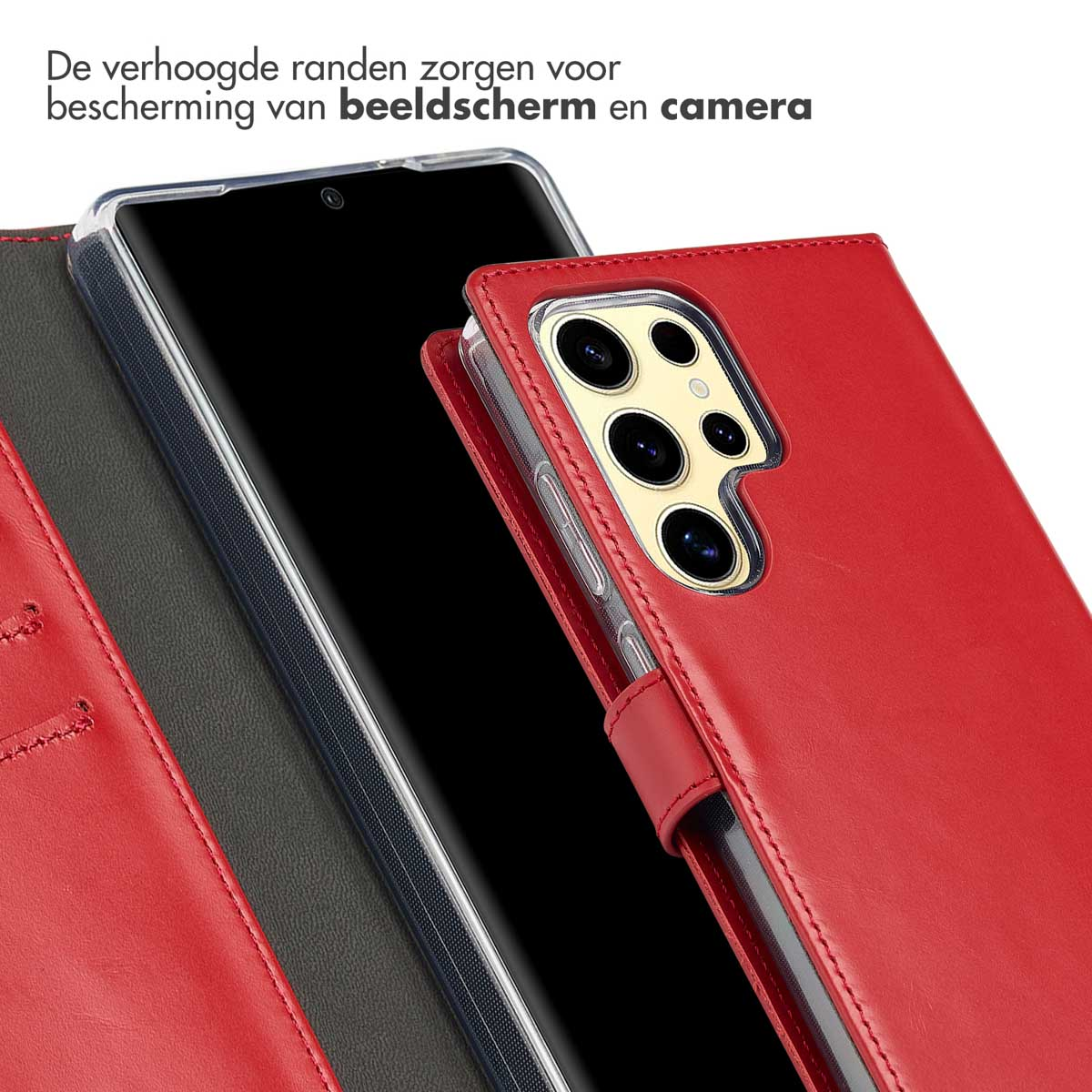 Rode telefoonhoes met telefoon. Magnetische sluiting. De telefoon is zwart.