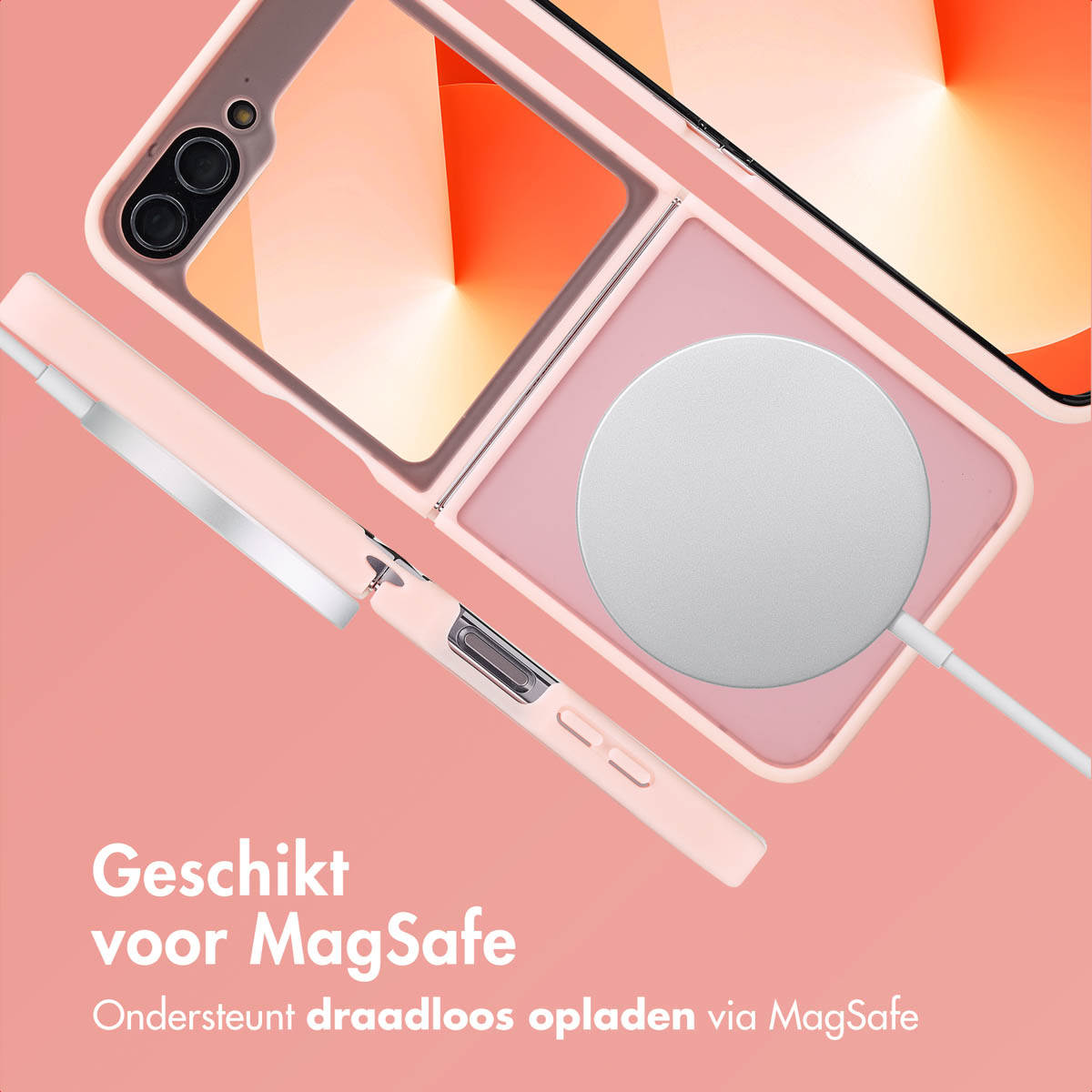 Roze telefoonhoesje en telefoon met oplaadpad. Roze achtergrond. Draadloos opladen wordt geadverteerd.