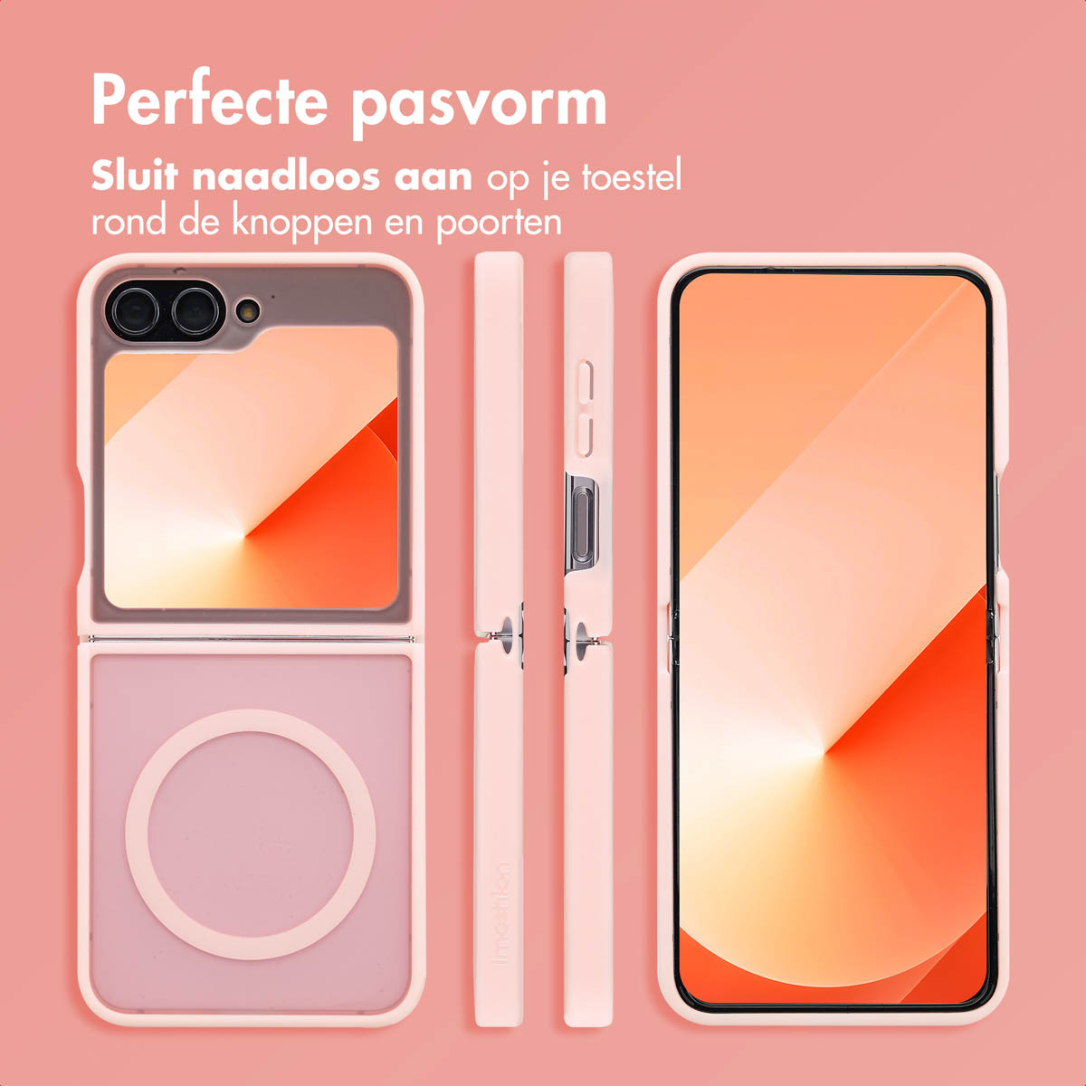 Roze telefoonhoesjes in verschillende posities. De telefoon in de hoesjes is zichtbaar.