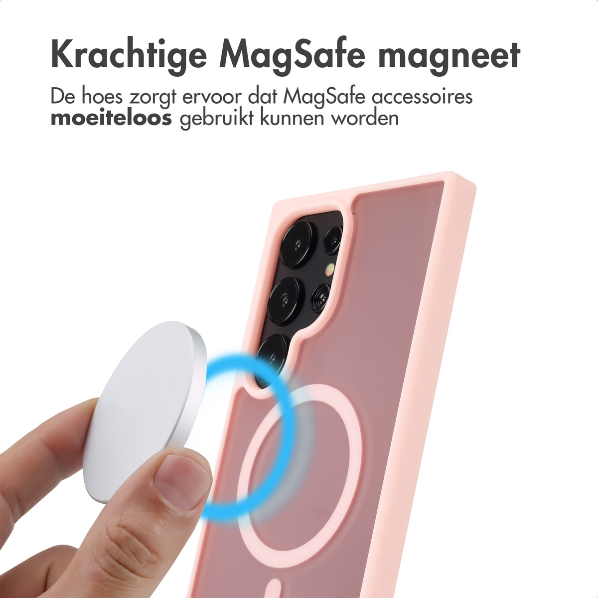 Een hand houdt een MagSafe-oplader vast in de buurt van een roze telefoonhoesje. De tekst 'Kractige MagSafe magneet' staat bovenaan.