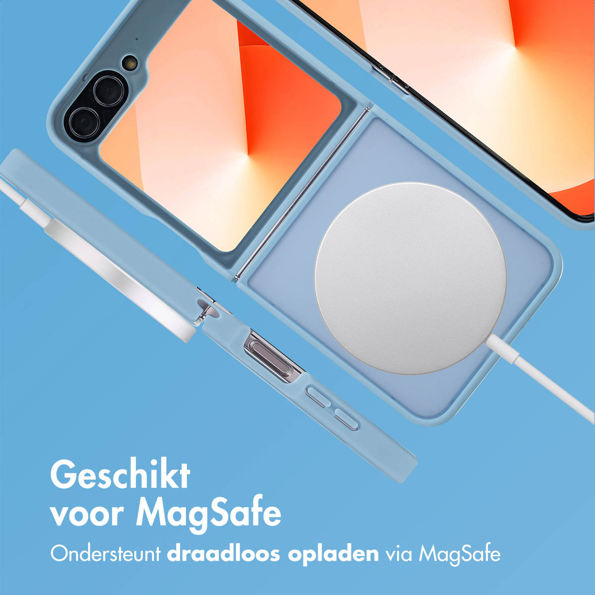 Een blauwe telefoonhoes met een telefoon en een MagSafe-oplader.