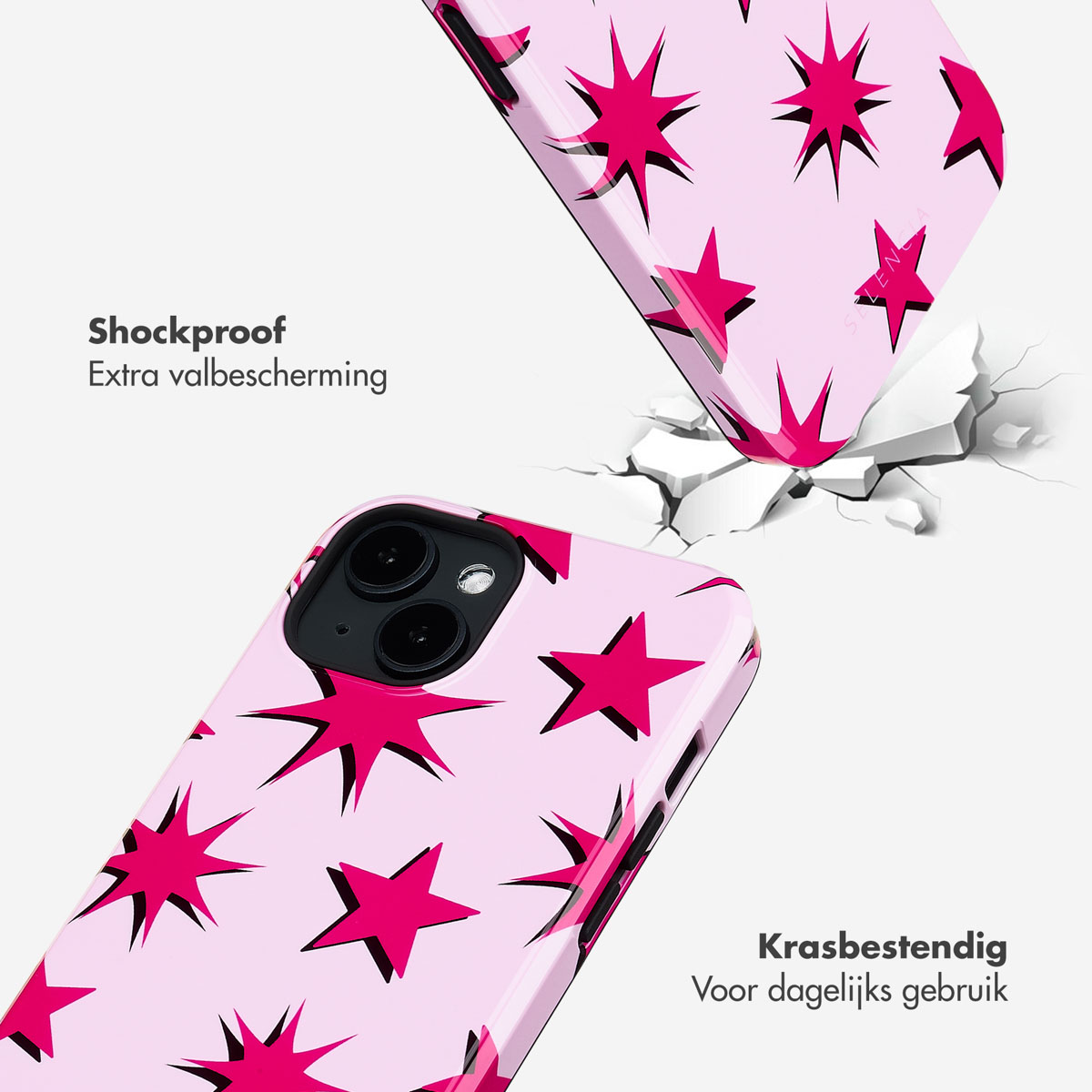Roze telefoonhoesje met een sterrenpatroon. De tekst zegt 'Schokbestendig' en 'Krasbestendig'.