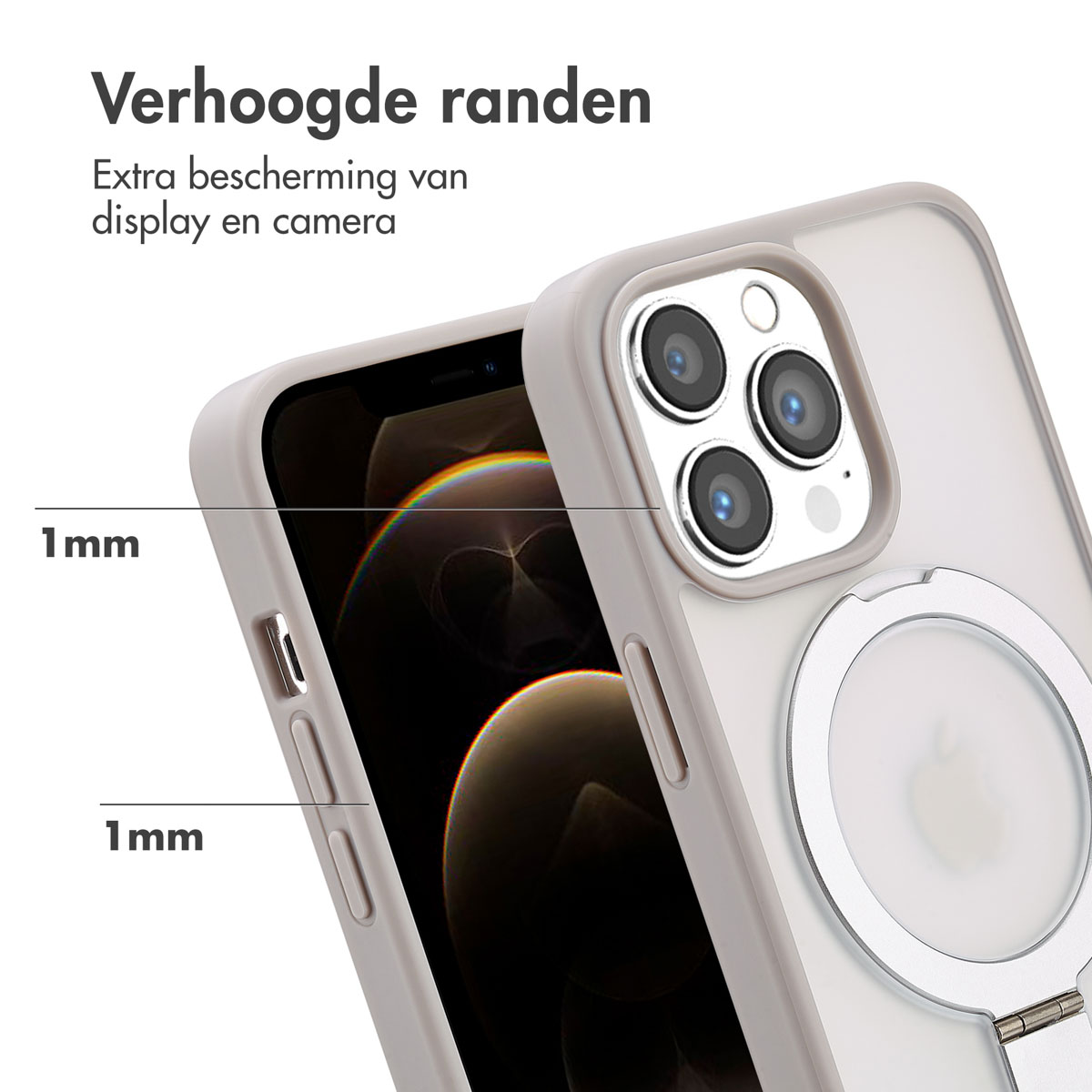 Coque transparente avec téléphone à l'intérieur. Bords surélevés, support de bague. Texte: Protection supplémentaire. 1mm.