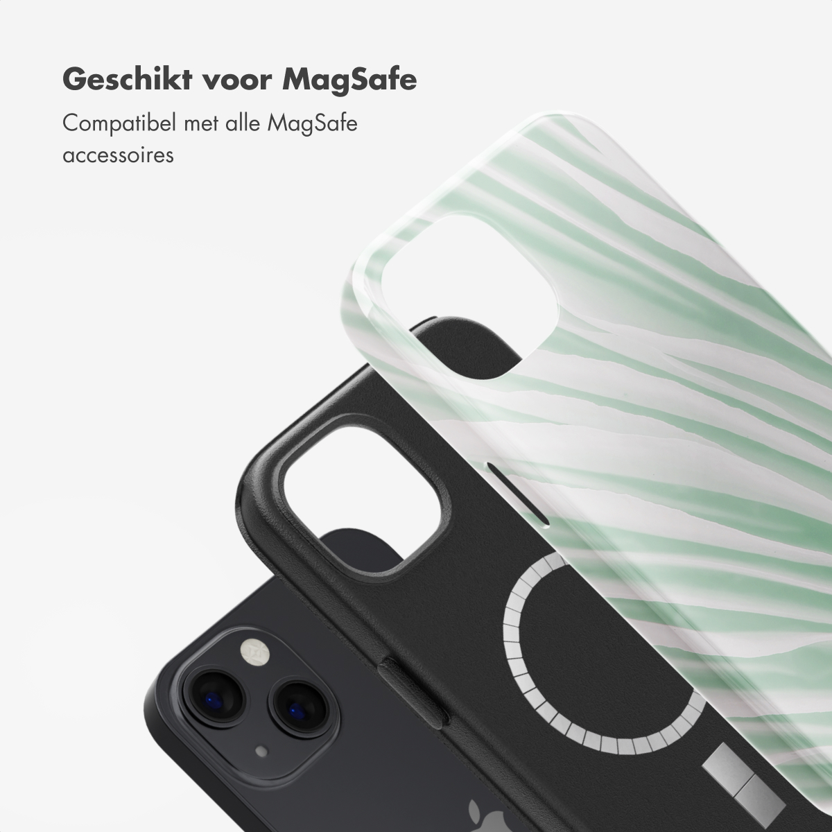Coque de téléphone avec une couverture à motifs et un téléphone, avec texte 'Geschikt voor MagSafe'.
