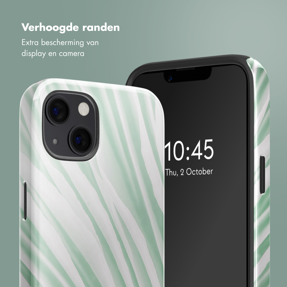 Téléphone avec coque, motif zèbre vert menthe, écran noir affichant l'heure et objectif de l'appareil photo.