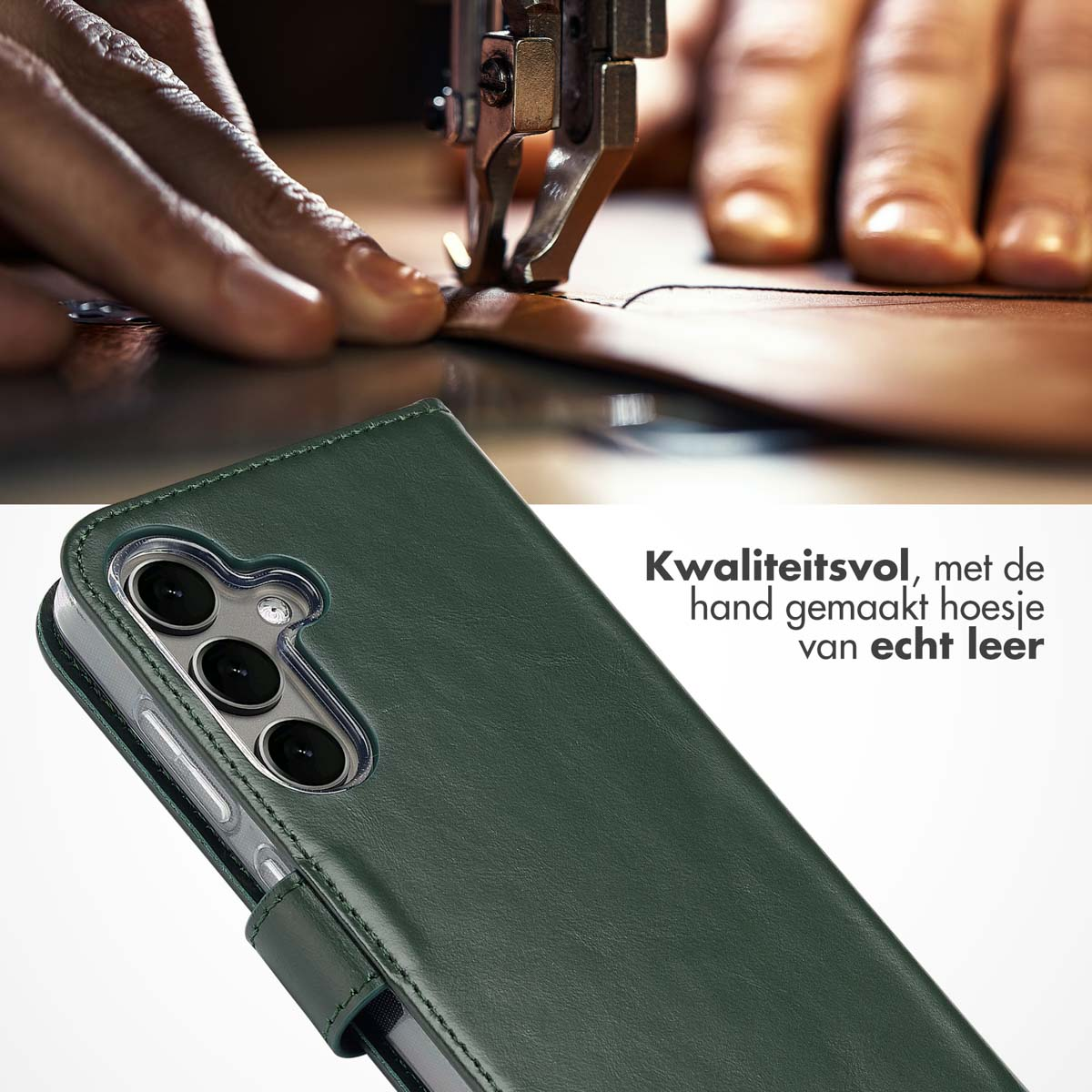 Close-up van een groene leren telefoonhoes. De telefoonhoes is open en toont de camera en de rand van een telefoon.