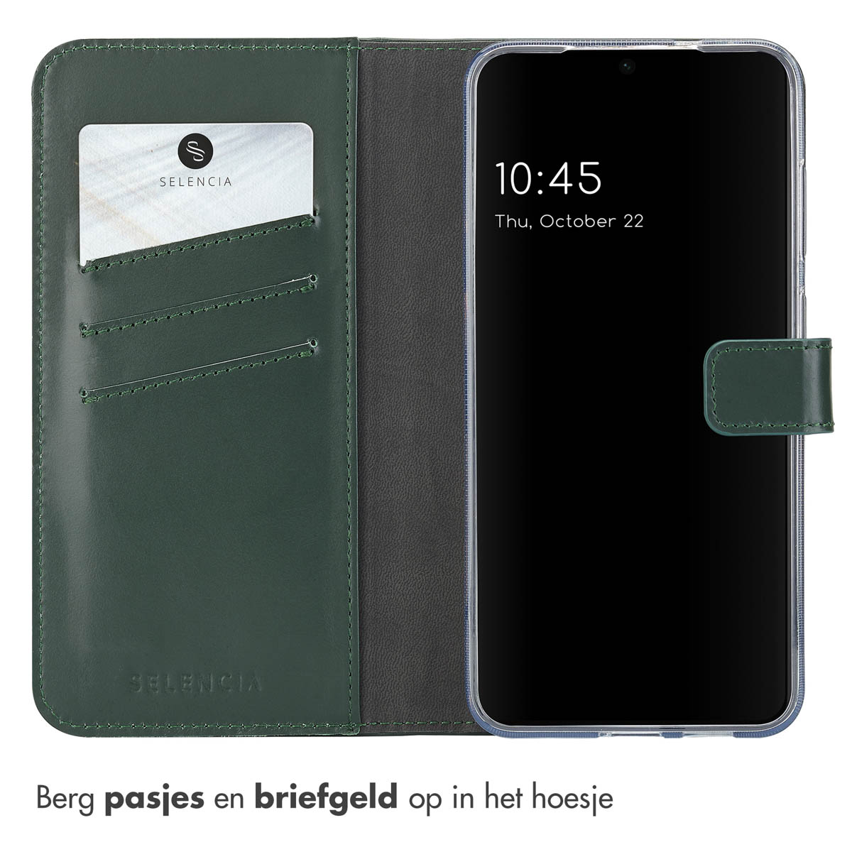 Geöffnete grüne Leder-Handyhülle mit Karte und Telefon. Text: Karten und Geld in der Hülle verstauen.