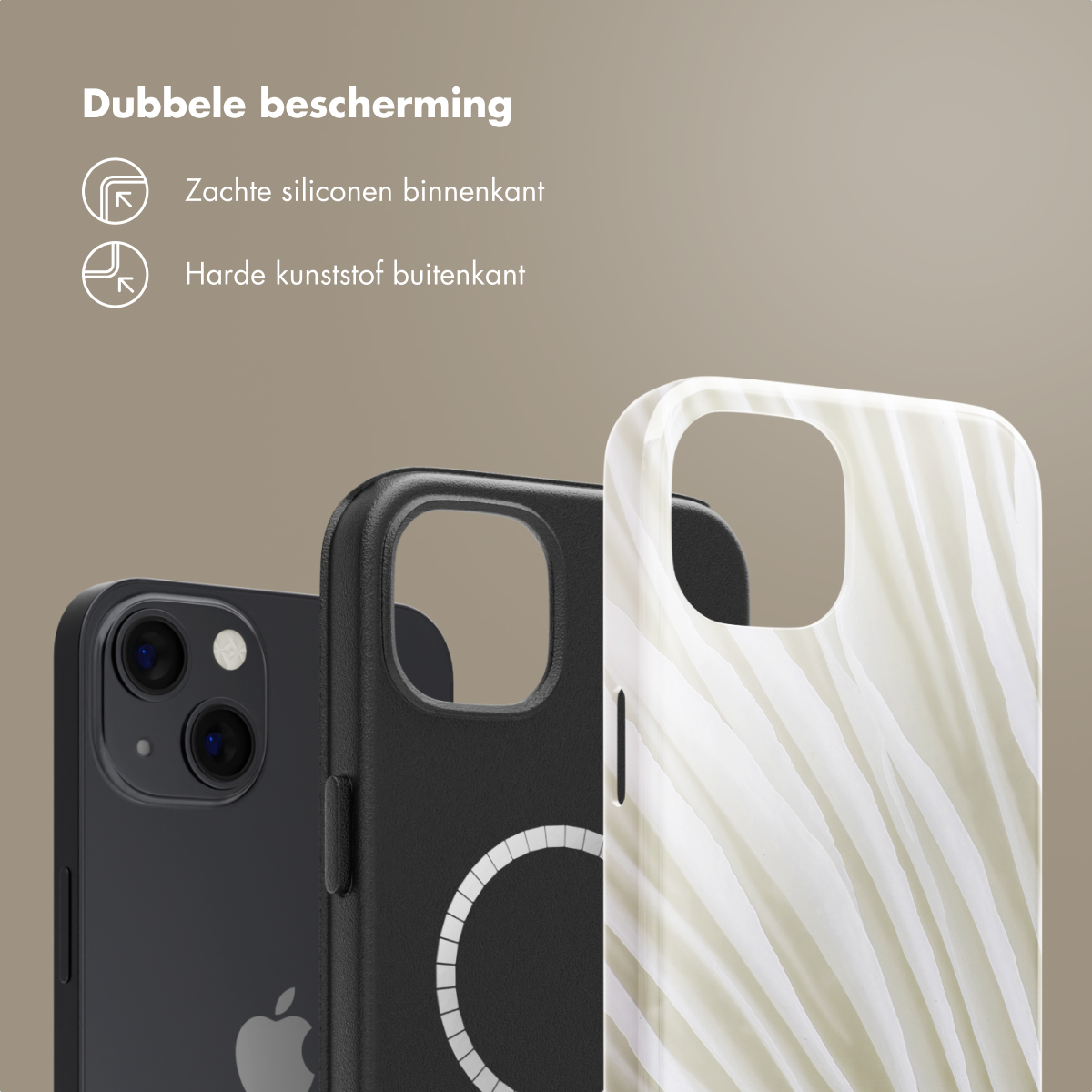 Coques de téléphone. Texte : Double protection. Silicone souple à l'intérieur, plastique dur à l'extérieur.