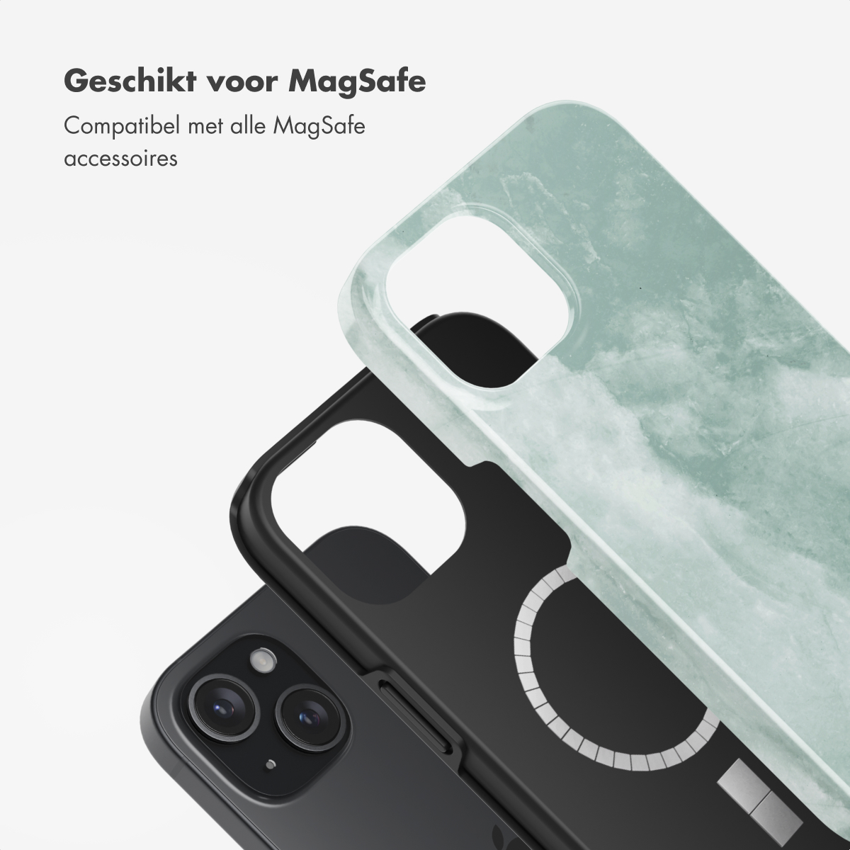 Telefoonhoesje met groen marmer design. Tekst: Geschikt voor MagSafe. Compatibel met alle MagSafe accessoires.