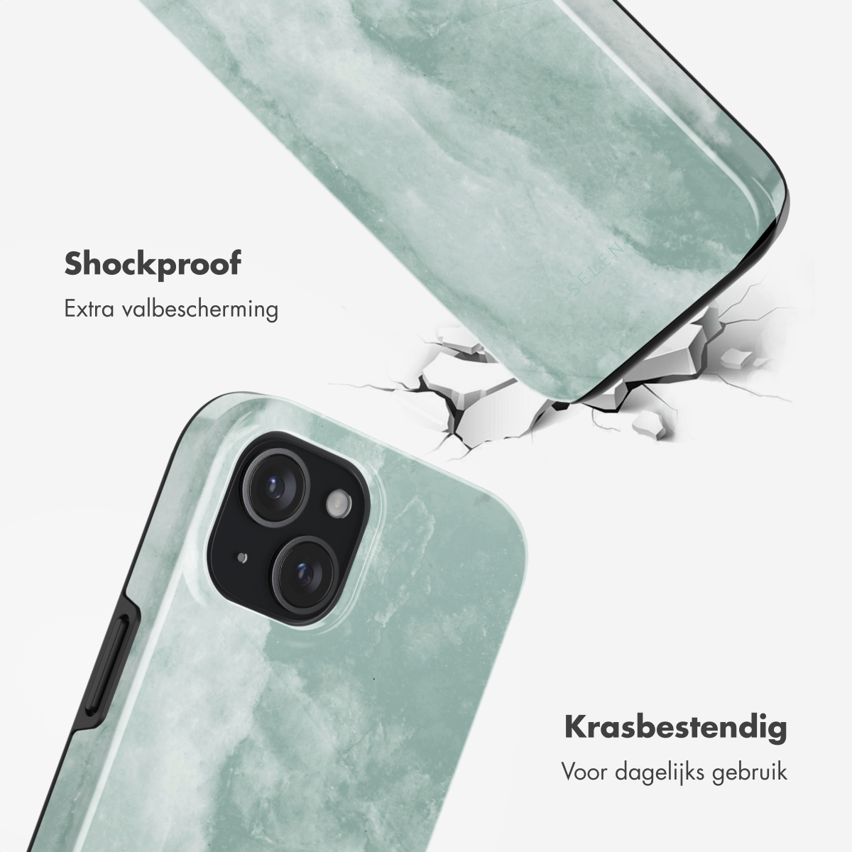 Een telefoonhoesje met extra valbescherming en krasbestendigheid, met scheuren onder de telefoon.