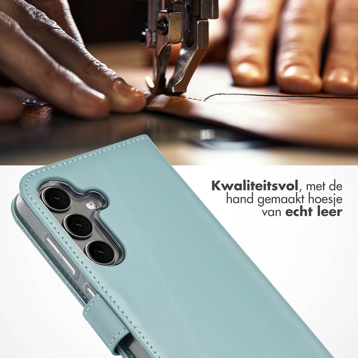 Persoon werkt aan een leren telefoonhoesje. Blauwe hoes en naaimachine in beeld.