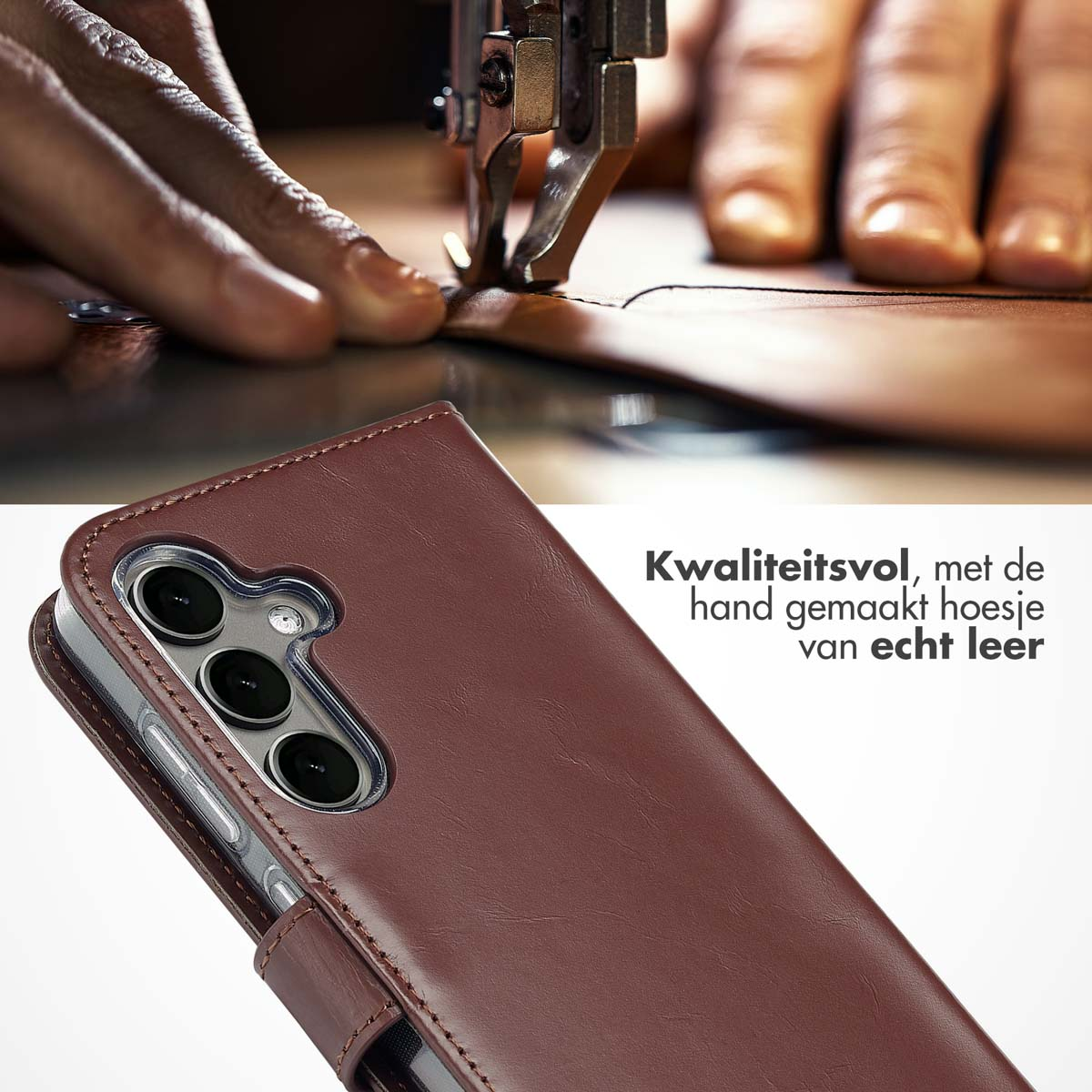 Een hand die een bruine leren telefoonhoes naait. De camera van de telefoon is zichtbaar.