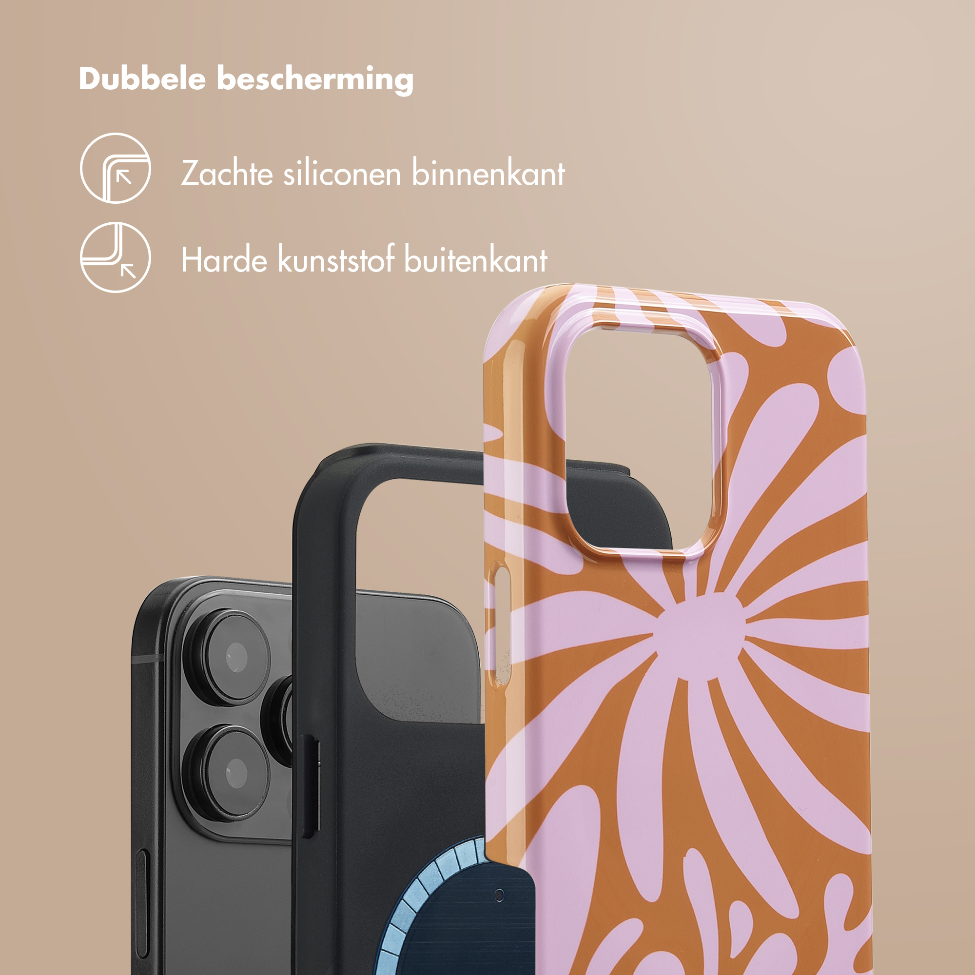 Coque de téléphone avec intérieur noir, design floral extérieur avec rose et orange.