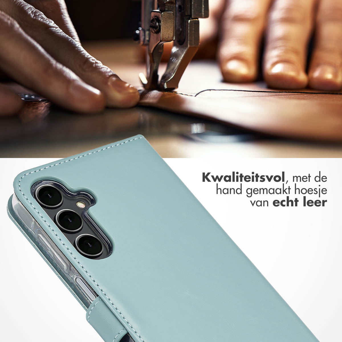 Een persoon die een lichtblauwe leren telefoonhoes naait. De tekst vermeldt hoogwaardig handgemaakt leer.