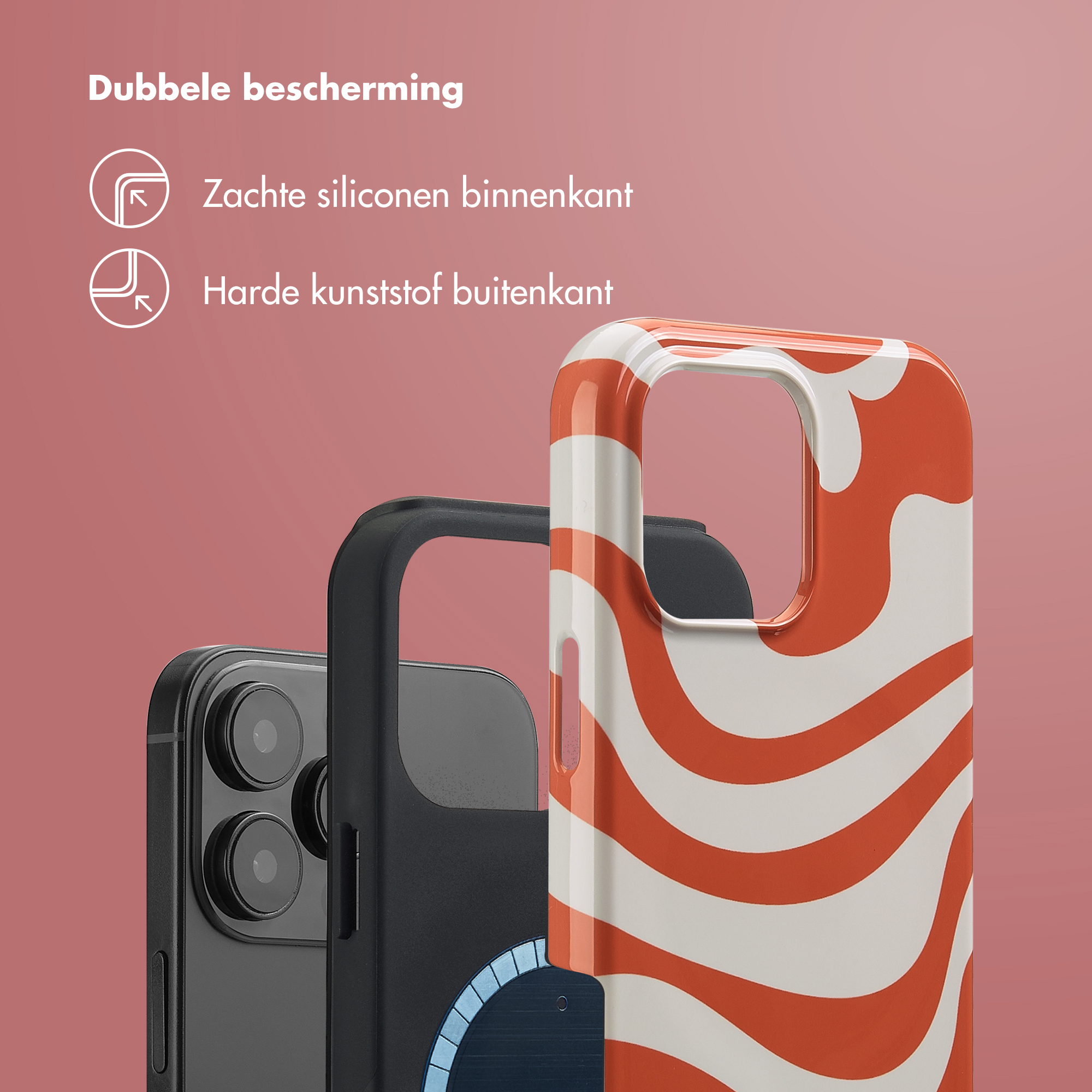 Coque de téléphone avec cadre noir et motif de vagues orange et blanches.