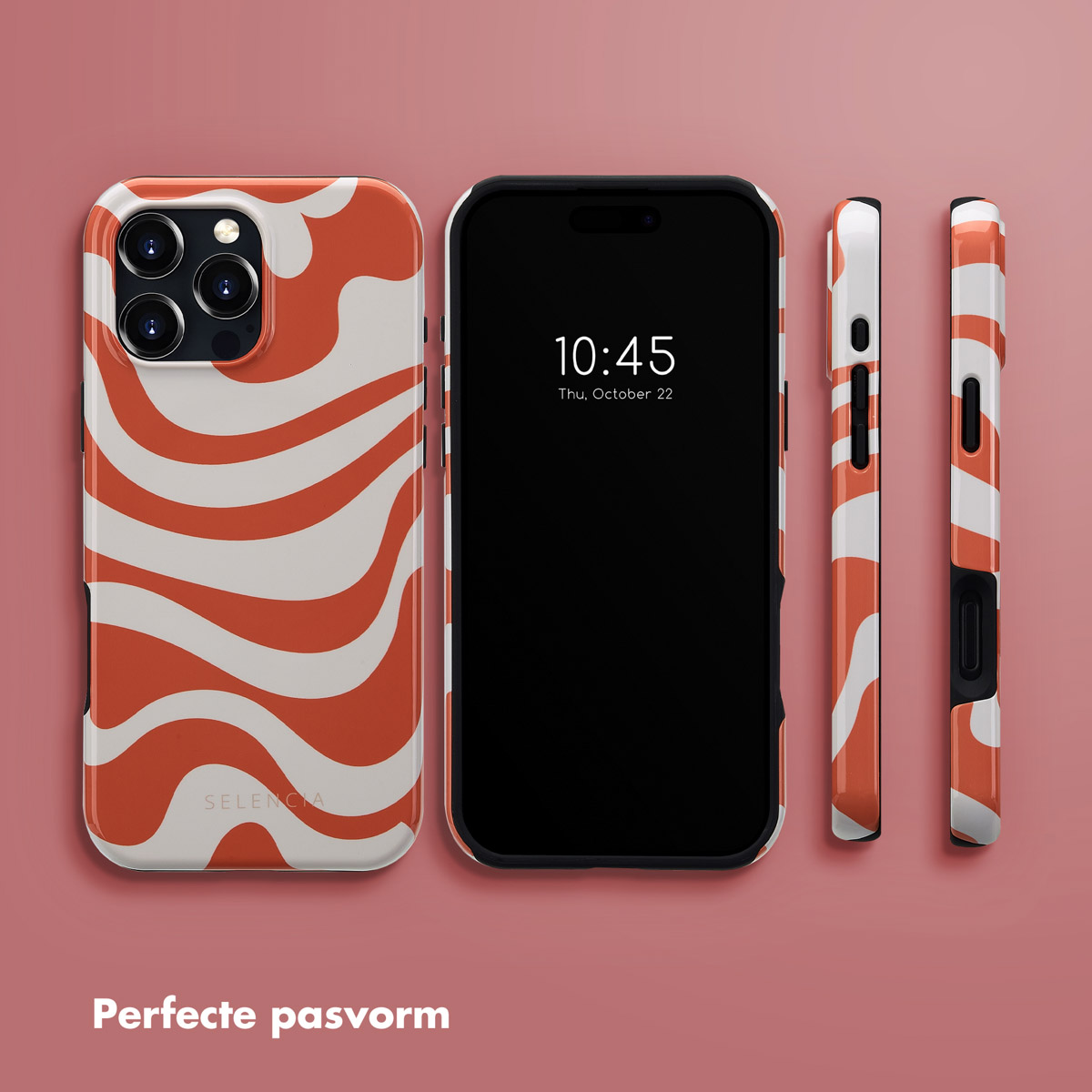 Coque de téléphone à motif ondulé et vue latérale. Fond rose.