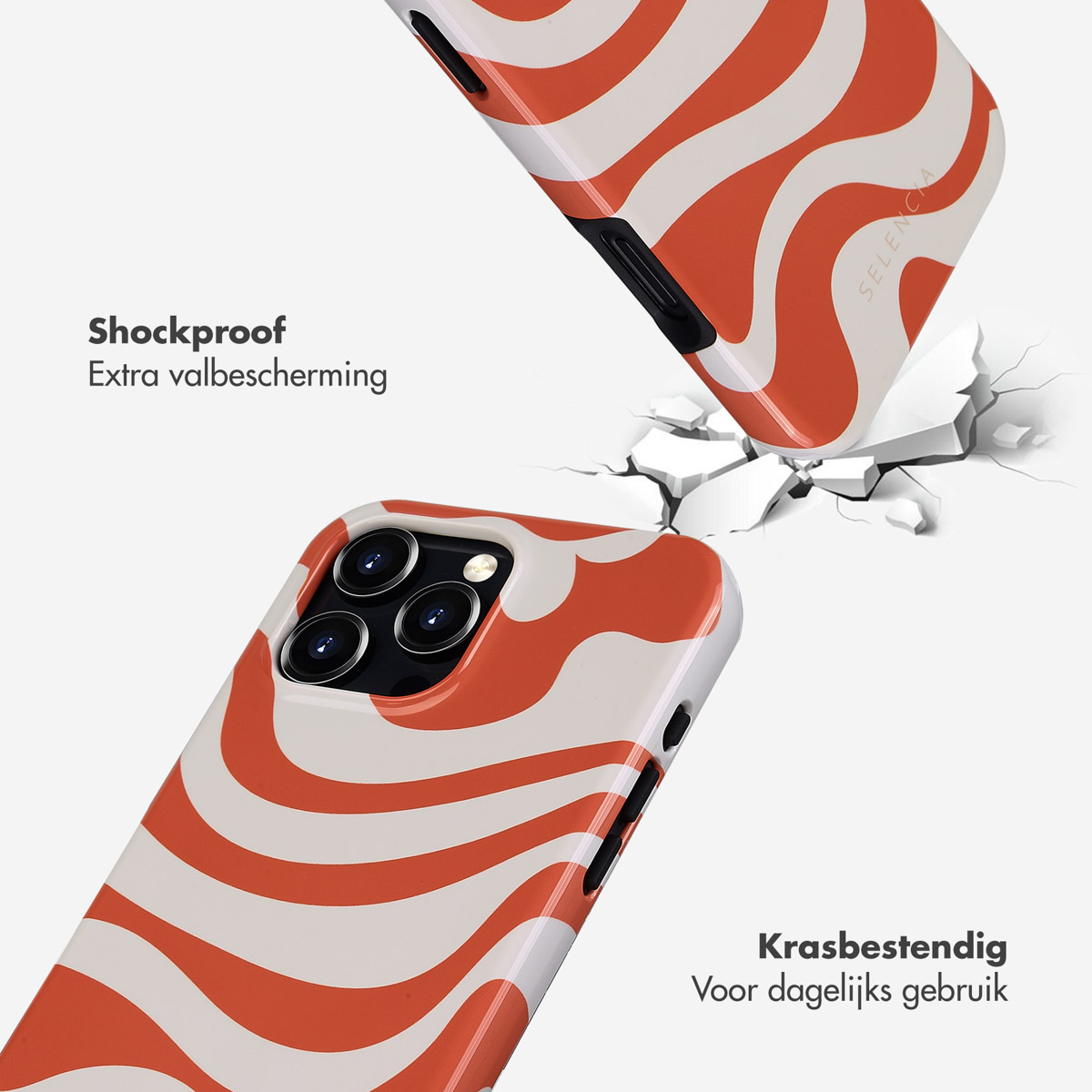 Coques de téléphone avec des motifs ondulés orange et blancs, tombant et se cassant.