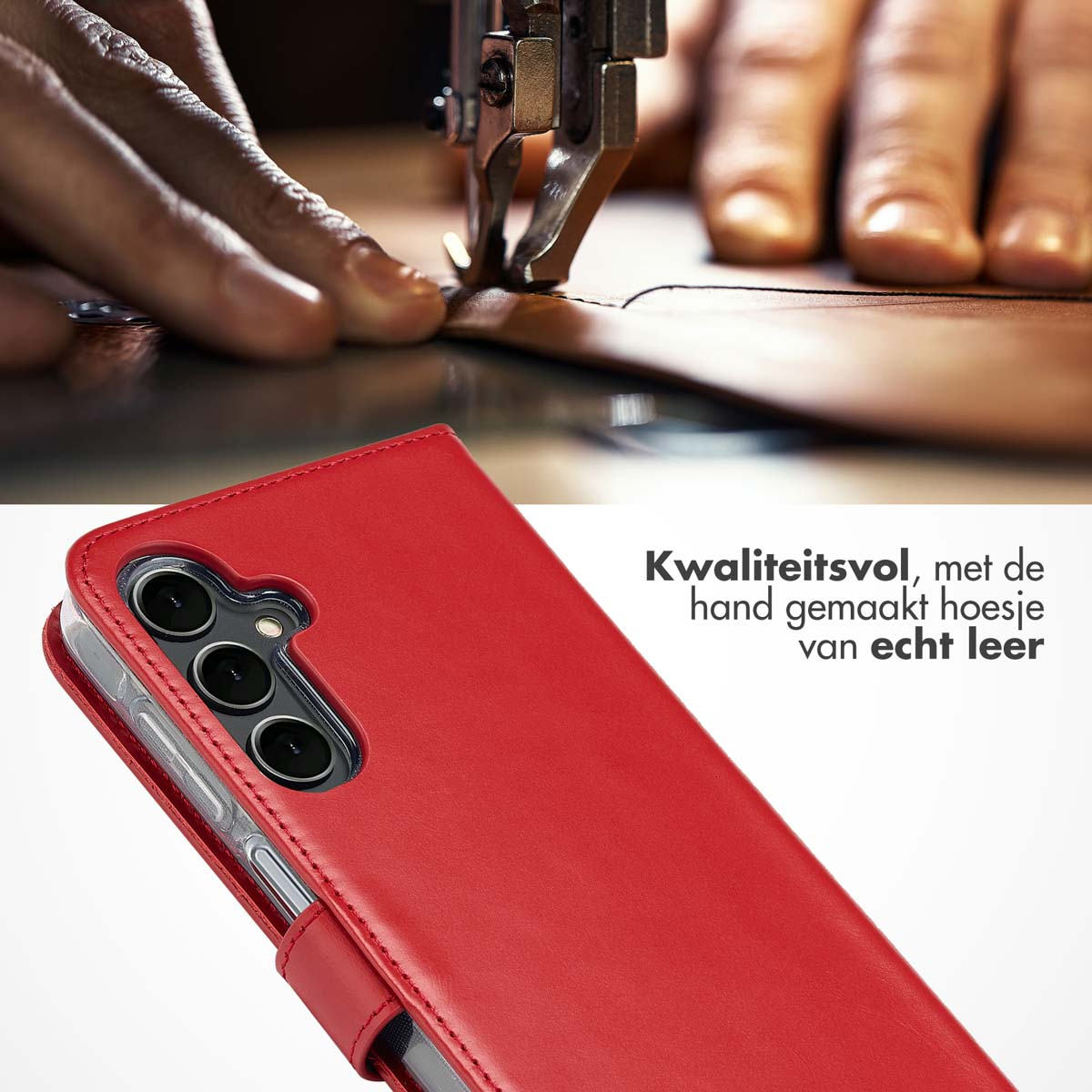 Rode leren telefoonhoes met naaimachine. Een persoon naait de telefoonhoes.