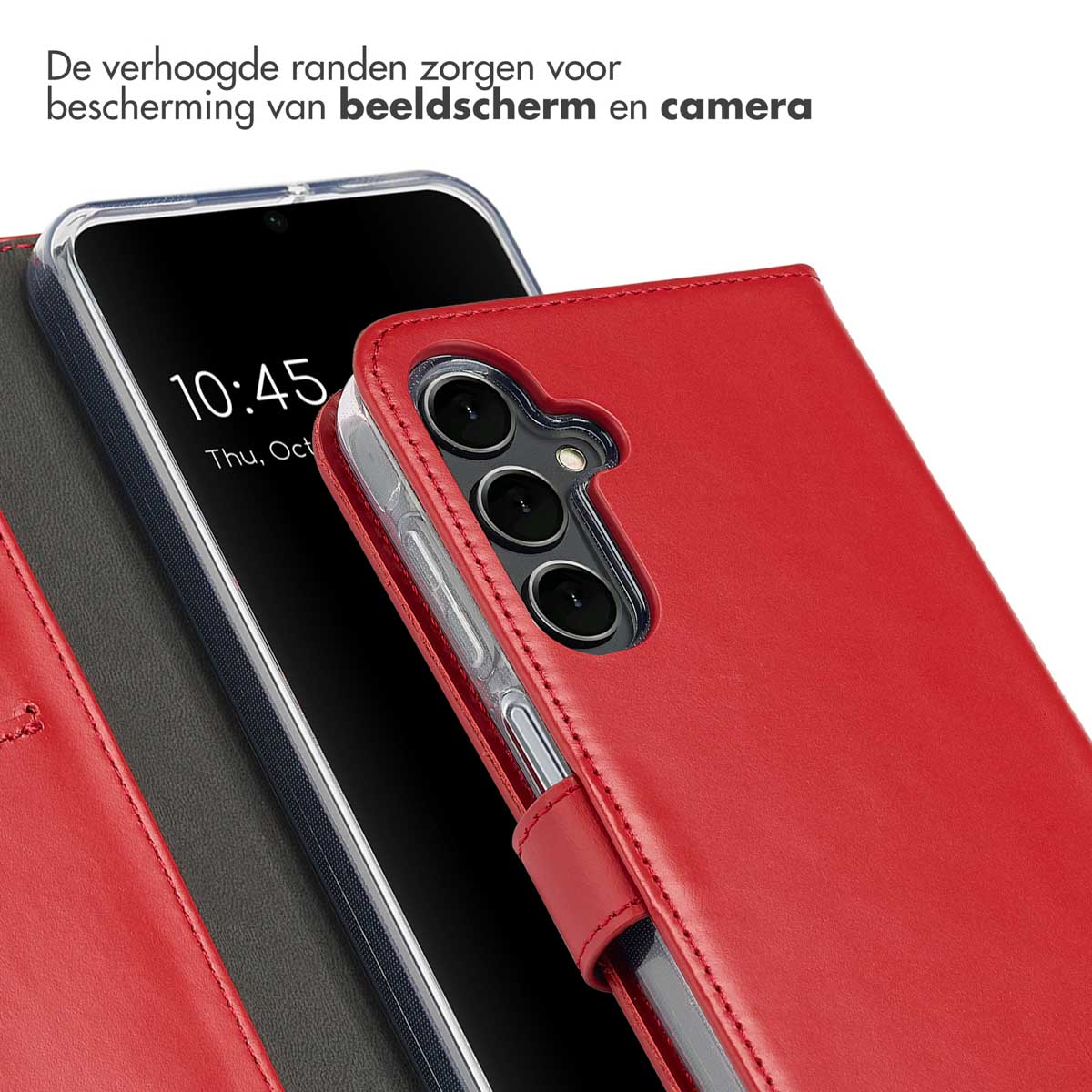 Een rode telefoonhoes met de telefoon erin, die het scherm laat zien.