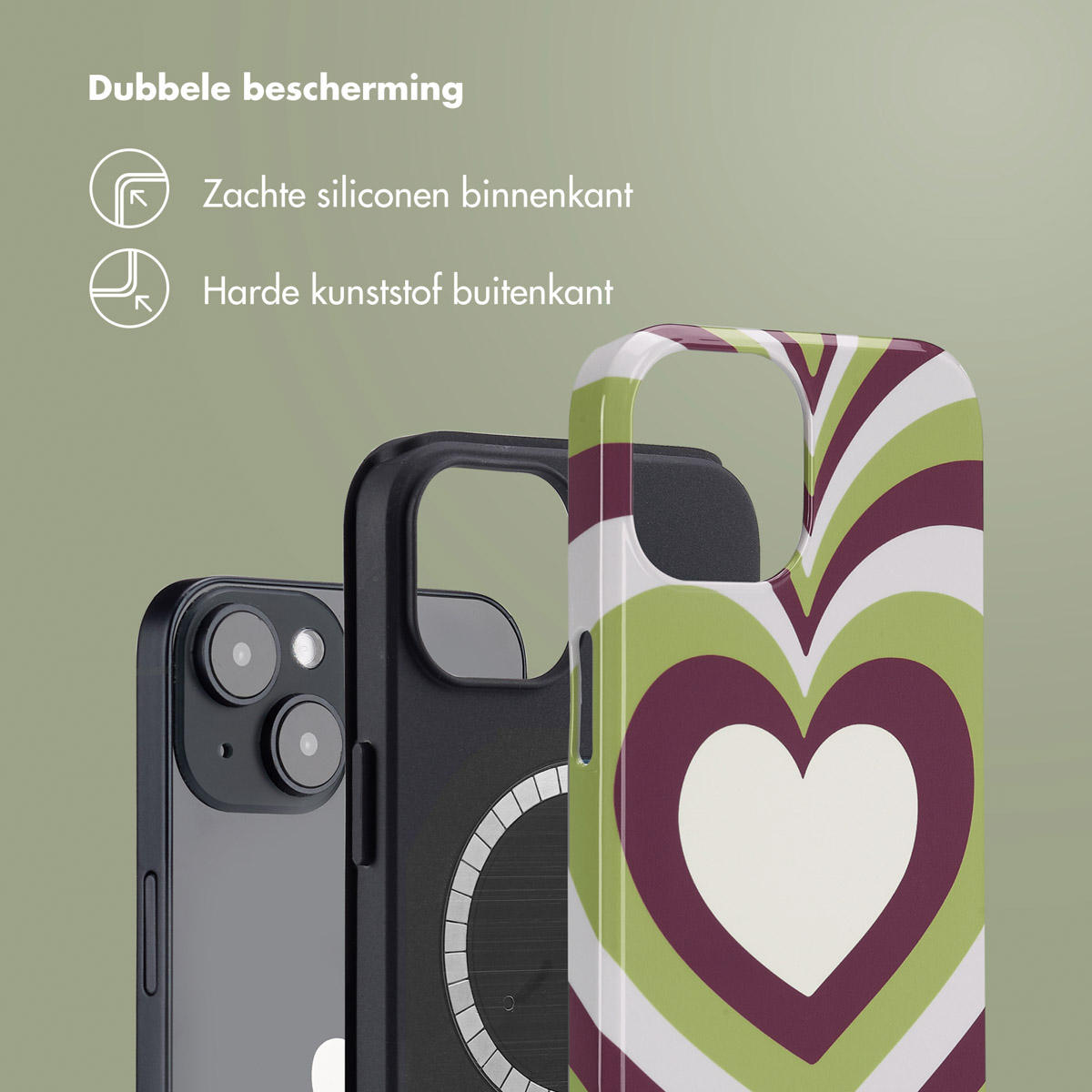 Telefoonhoesje met een hartontwerp en een telefoon erin, met dubbele beschermingsfuncties.