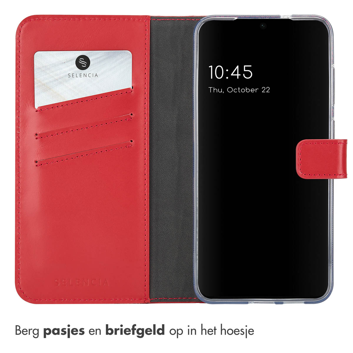Eine rote Leder-Handyhülle mit einer Karte und einem Telefon darin. Der Telefonbildschirm ist sichtbar.