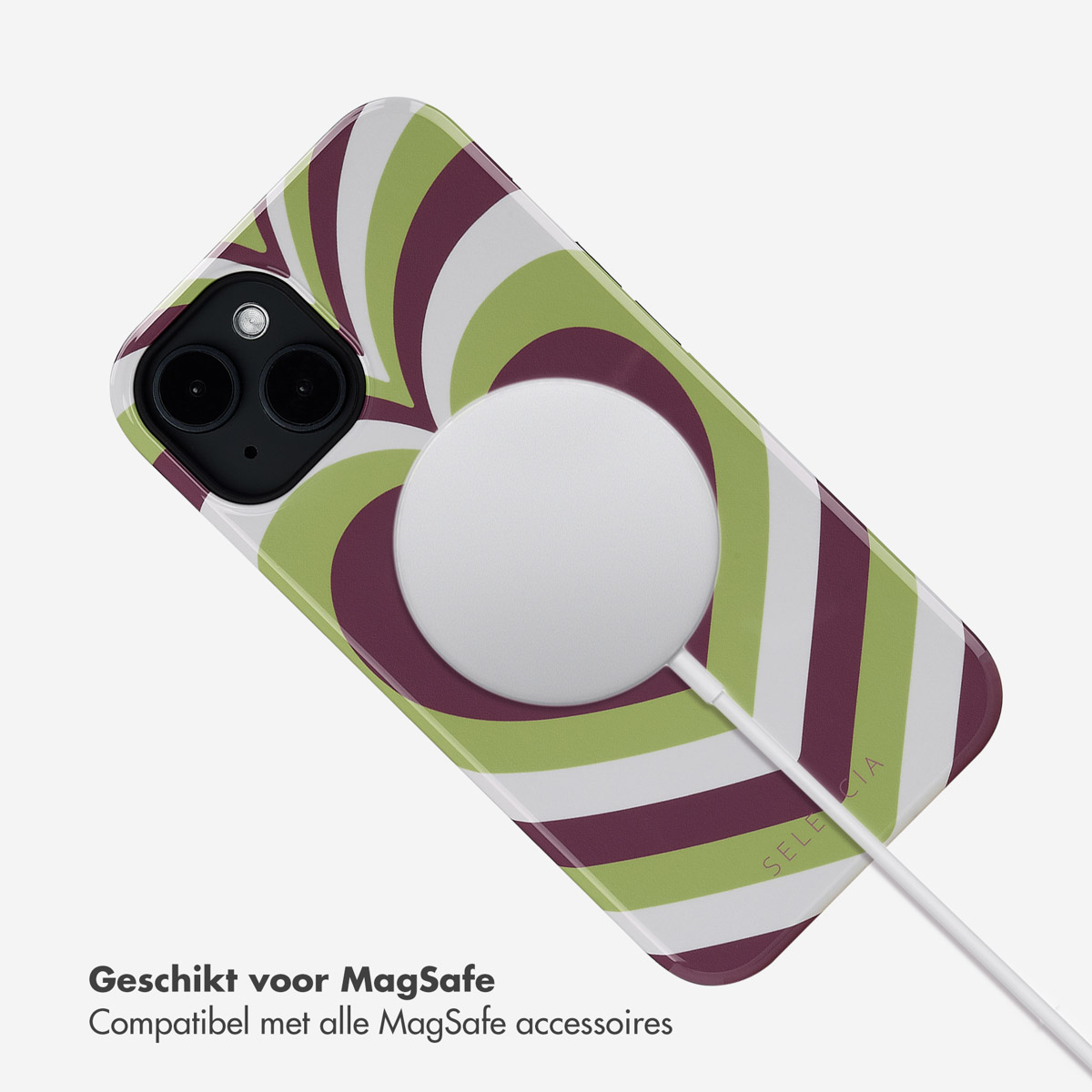 Telefoonhoesje met witte MagSafe-cirkel en groen/paars gestreept design. Tekst: Geschikt voor MagSafe.