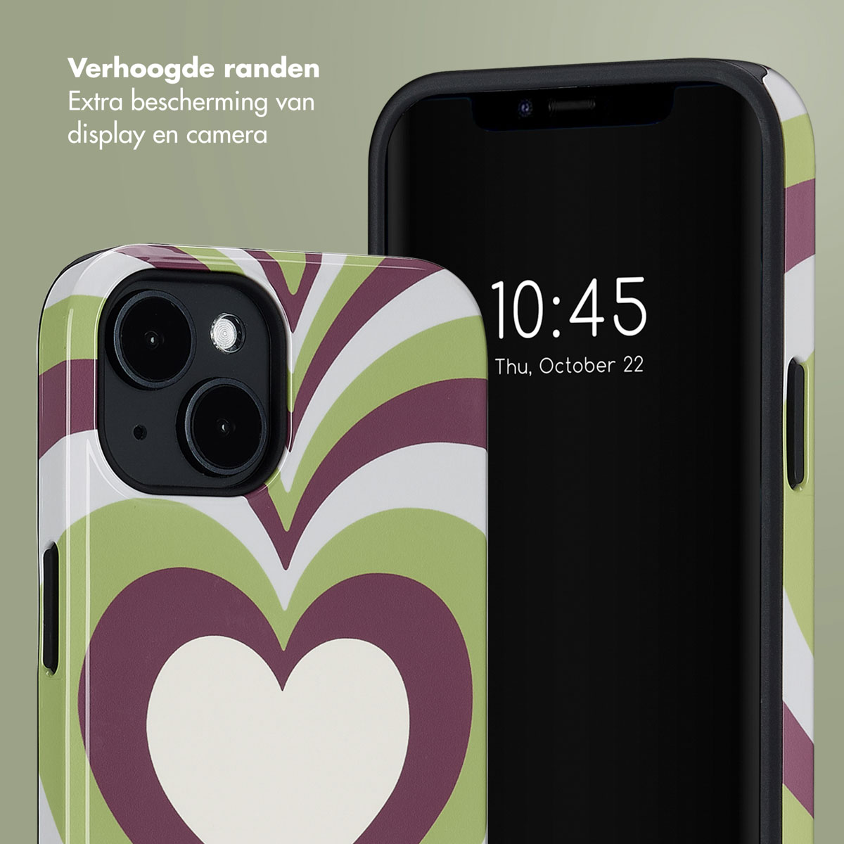 Telefoonhoesje met groen, wit en kastanjebruin hartontwerp. Toont de telefoonweergave om 10:45 uur.