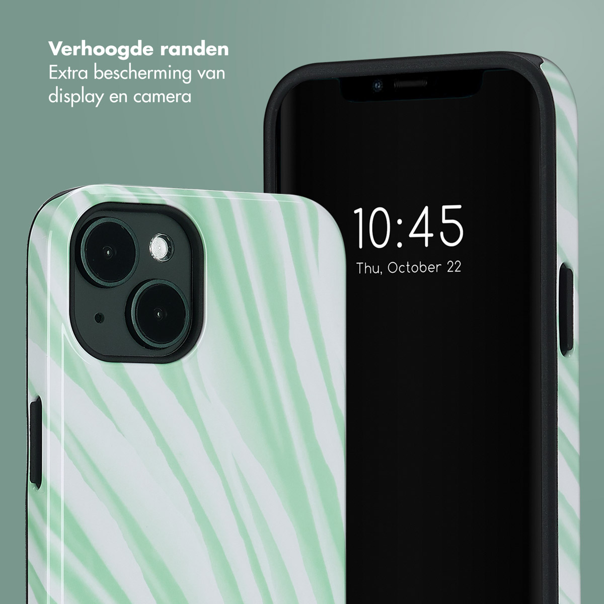 Telefoonhoes met groen zebrapatroon naast telefoon met tijd.