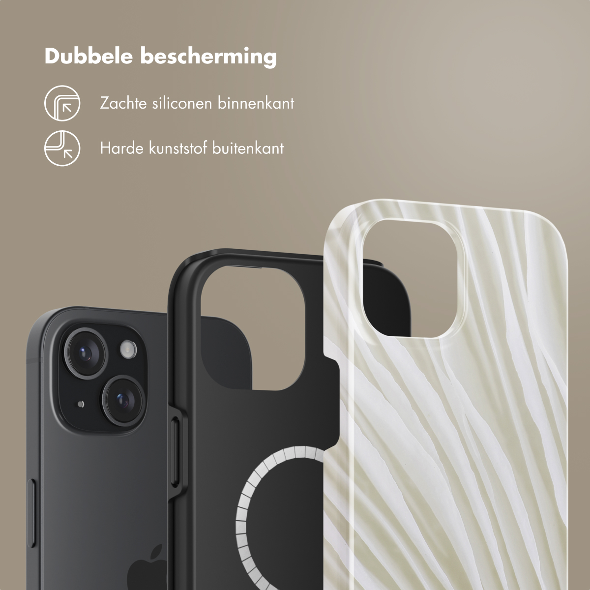 Drie telefoonhoesjes: zwart, zwart met een cirkel en een wit patroonhoesje.