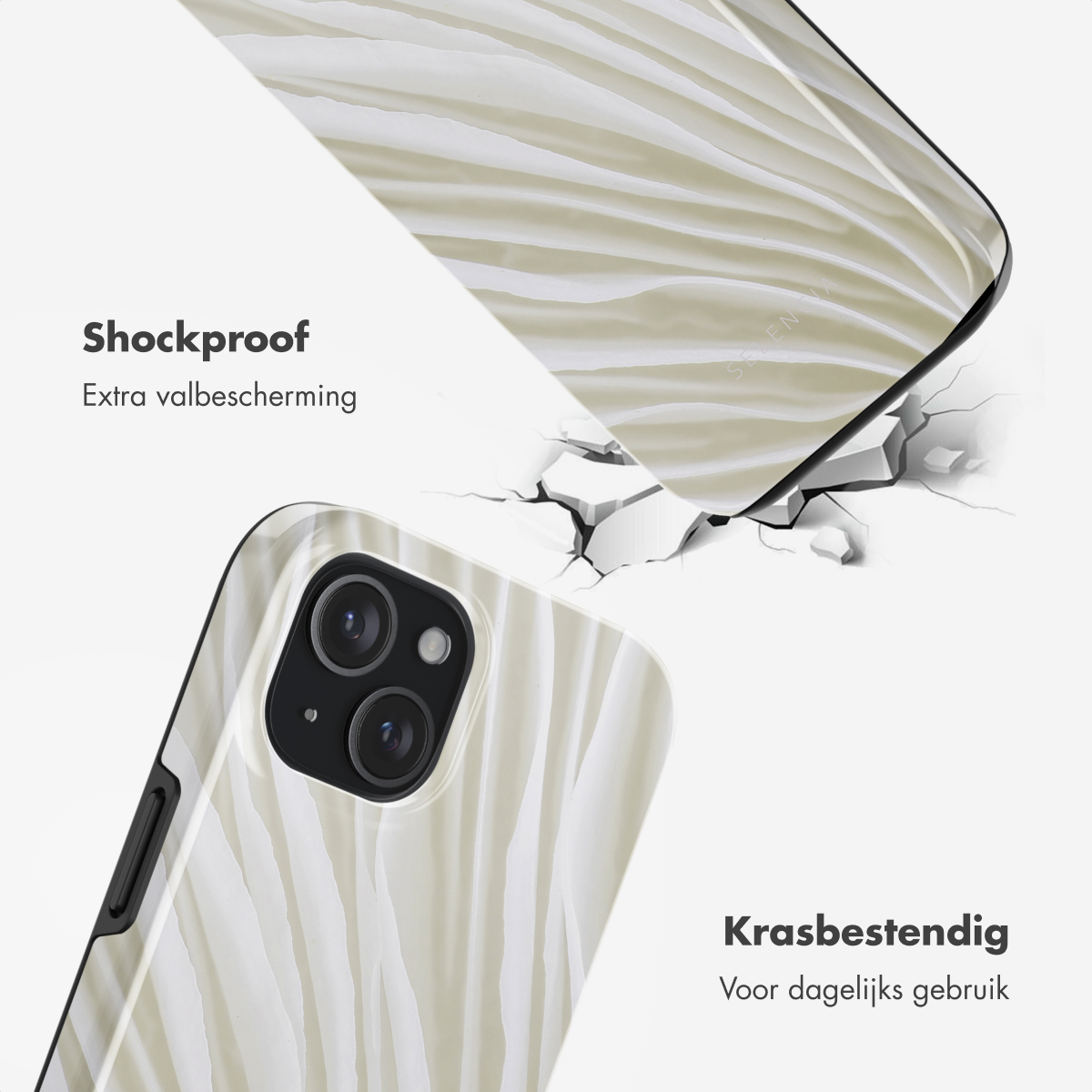 Telefoonhoesje-impacttest. Telefoon met zebrapatroon breekt een oppervlak. Teksten: 'Shockproof', 'Krasbestendig'.