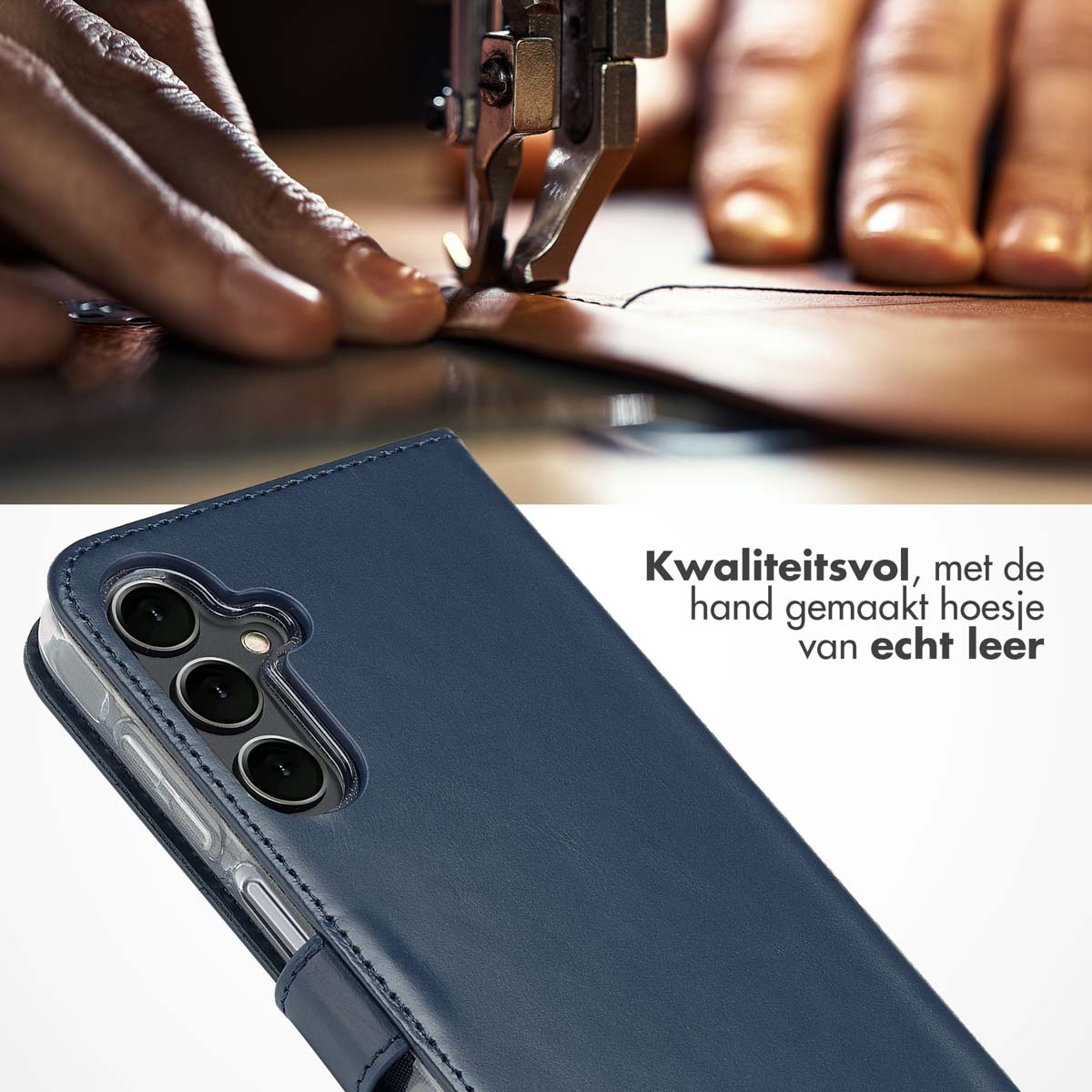 Une main cousant du cuir avec un étui de téléphone.