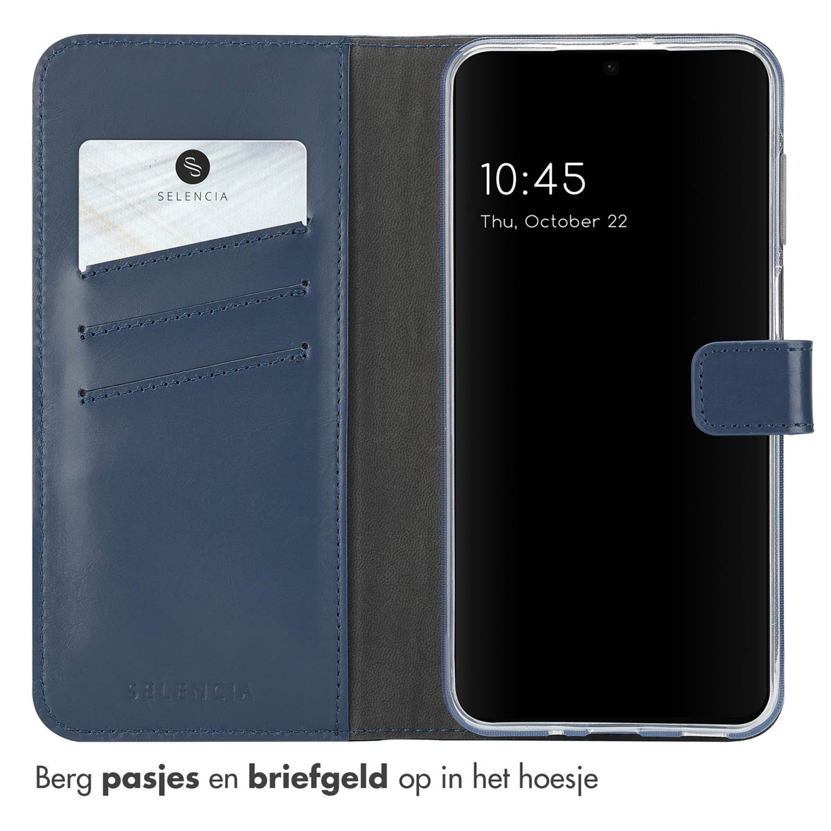 Étui de téléphone bleu ouvert, avec un téléphone à l'intérieur et une carte à gauche. Affiche l'heure 10:45.