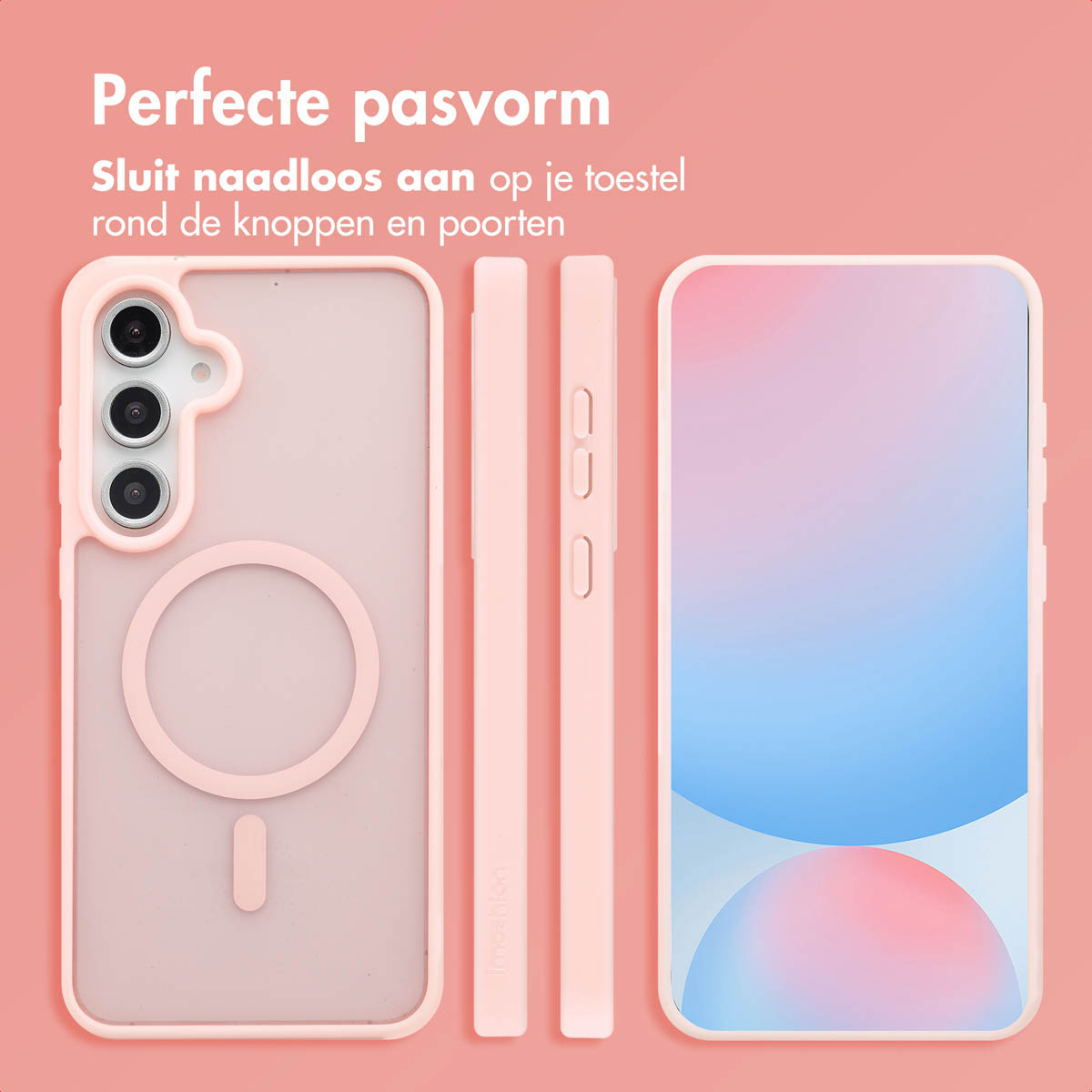 Trois vues d'un étui de téléphone rose. Le téléphone est à l'intérieur. Un anneau MagSafe et d'autres détails sont visibles.