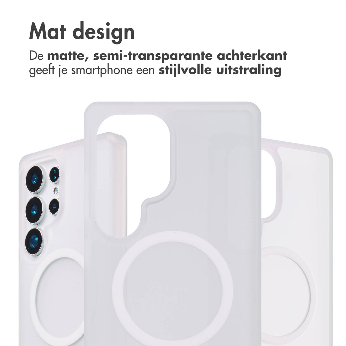 Witte telefoonhoesjes met camera-uitsparing. De hoesjes lijken transparant. Achtergrond is wit.