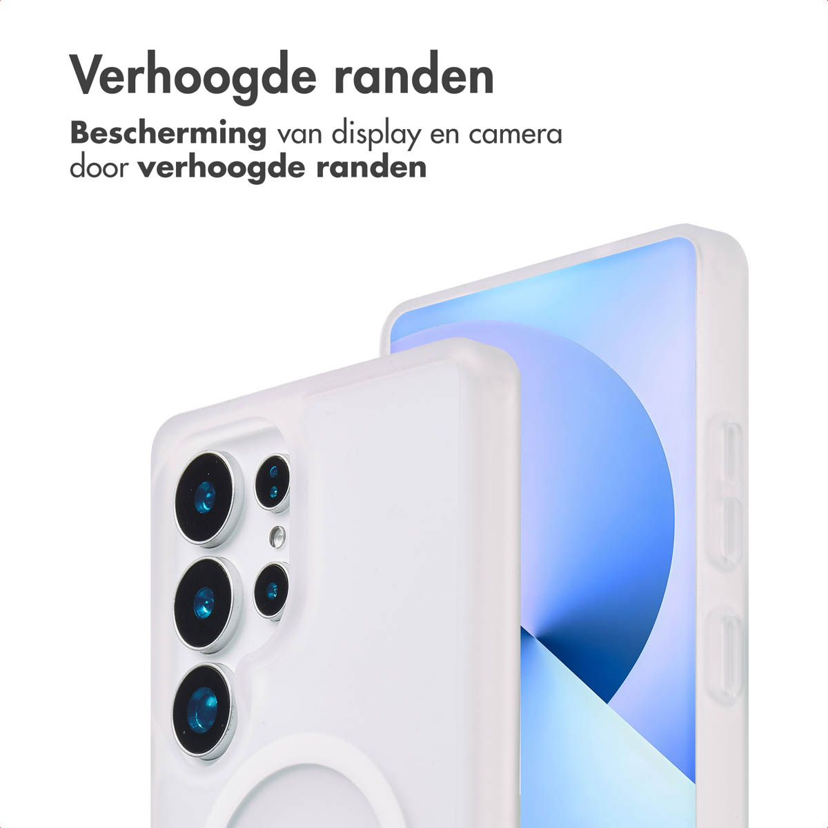 Een witte telefoonhoes met een telefoon erin. Achteraanzicht. De telefoon heeft een blauw scherm.